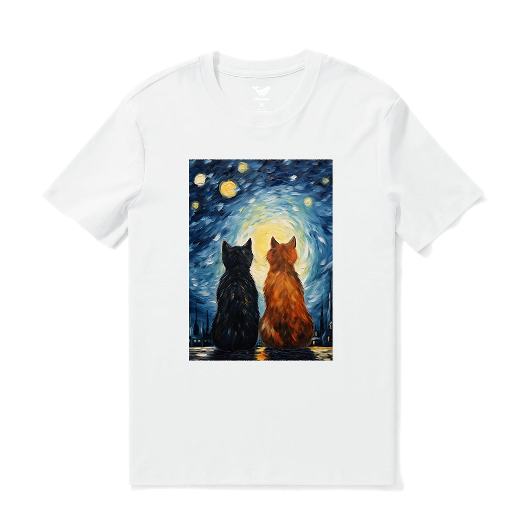 Hawaiian Tee For Men Cats In Love Van Gogh Tee Crew Neck 100% Cotton - WHITE By Shawn