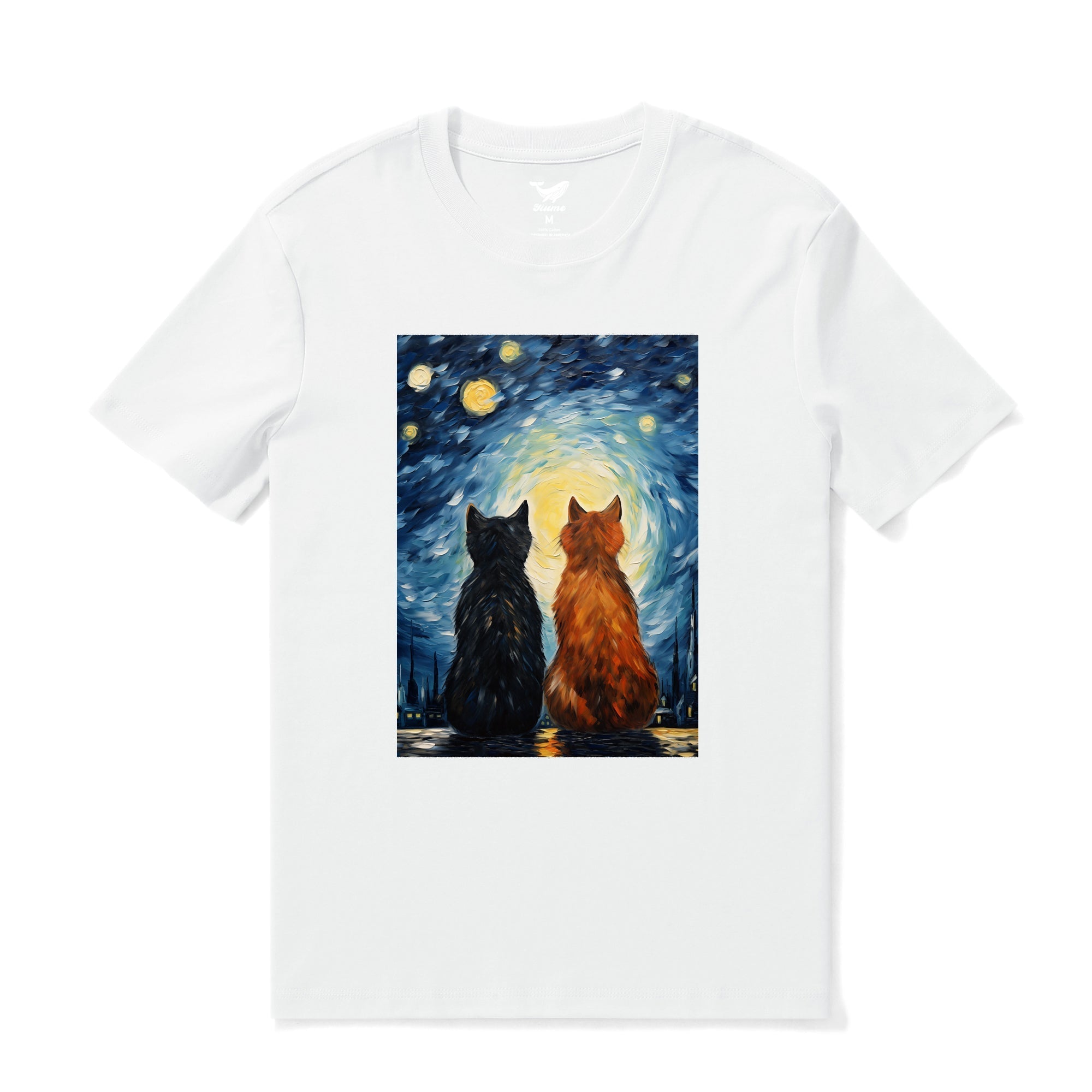 Hawaiian Tee For Men Cats In Love Van Gogh Tee Crew Neck 100% Cotton - WHITE By Shawn