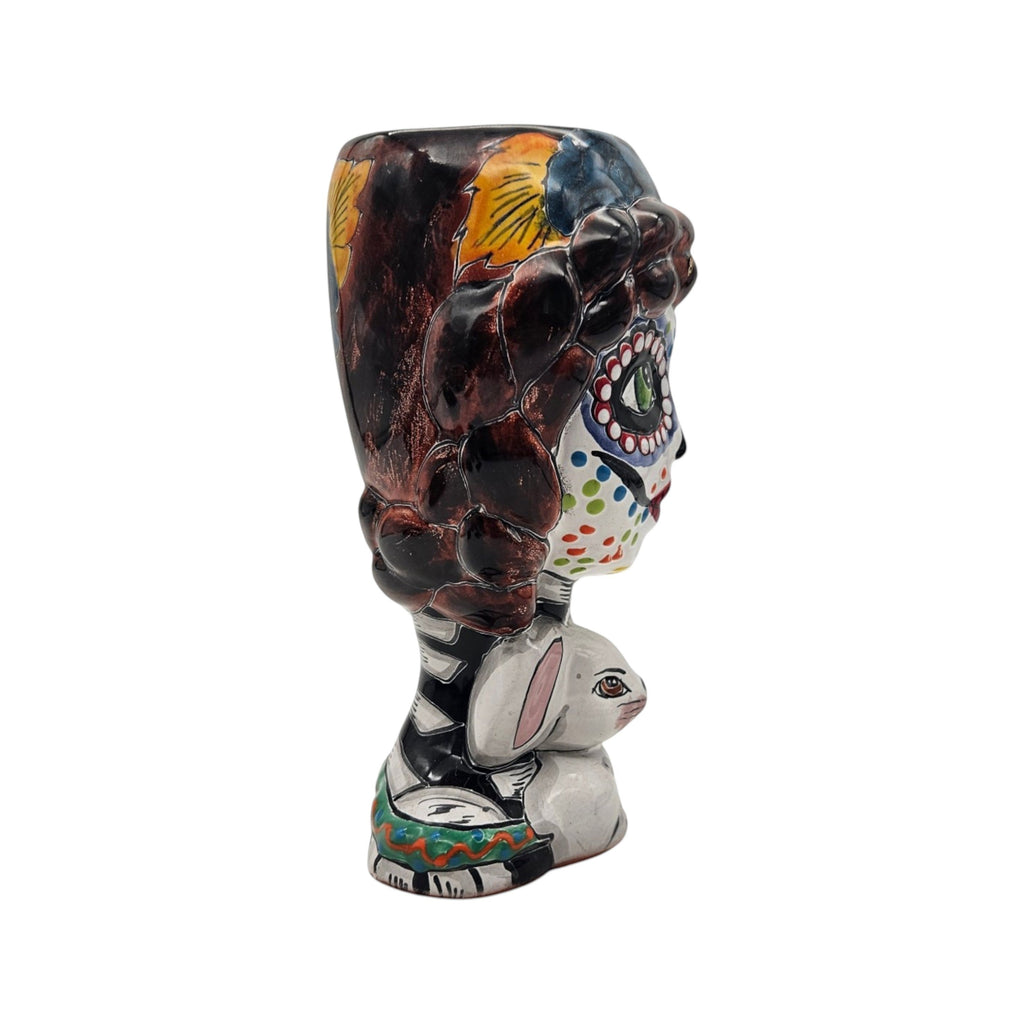 Day of the Dead Lady & Bunny Planter | Hand-Painted Talavera Pot