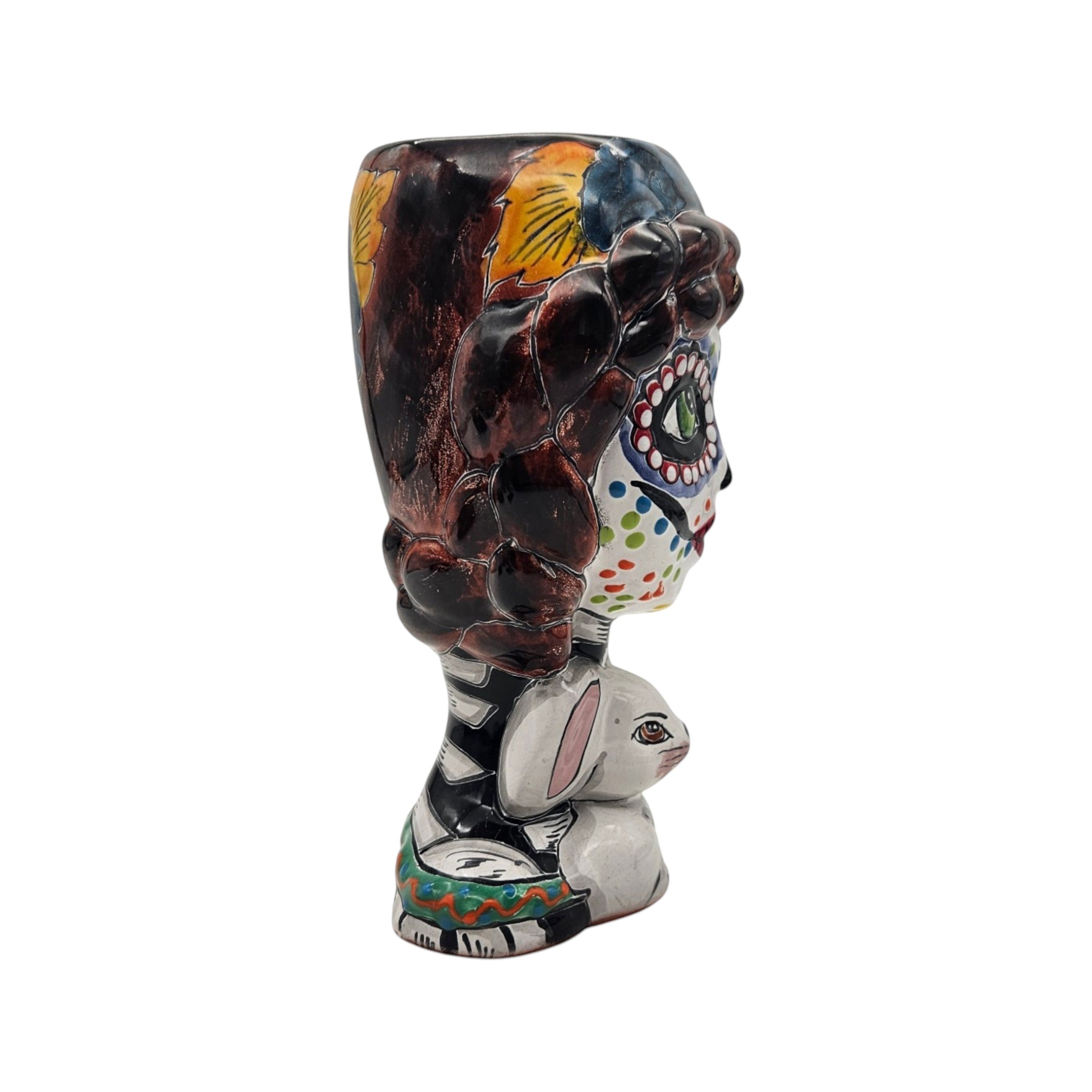Day of the Dead Lady & Bunny Planter | Hand-Painted Talavera Pot