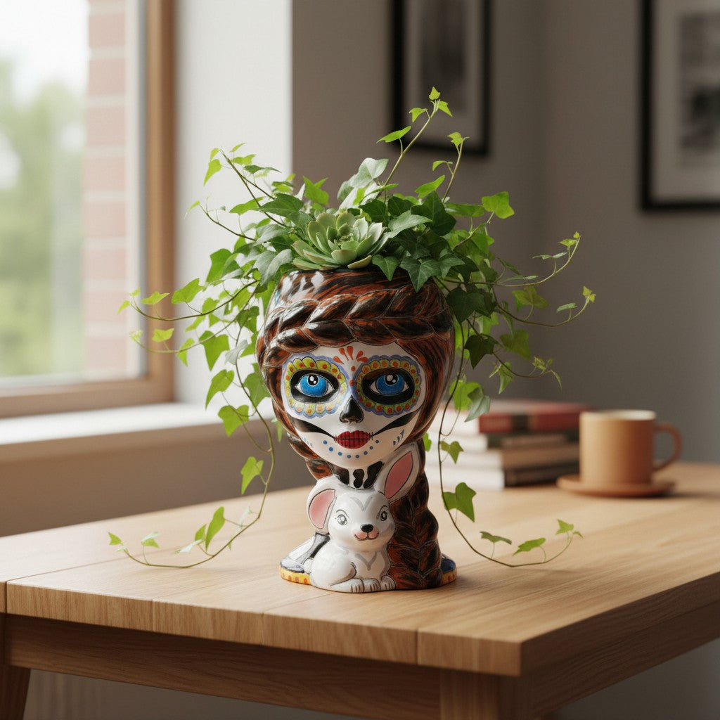 Day of the Dead Lady & Bunny Planter | Hand-Painted Talavera Pot