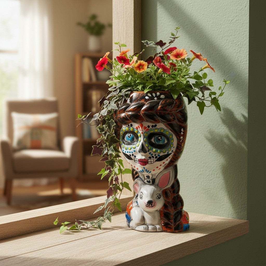 Day of the Dead Lady & Bunny Planter | Hand-Painted Talavera Pot