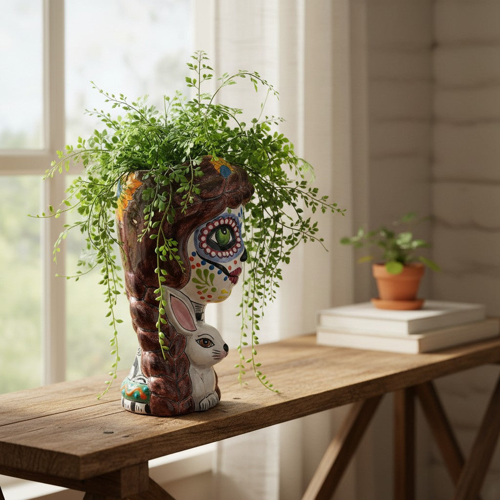 Day of the Dead Lady & Bunny Planter | Hand-Painted Talavera Pot