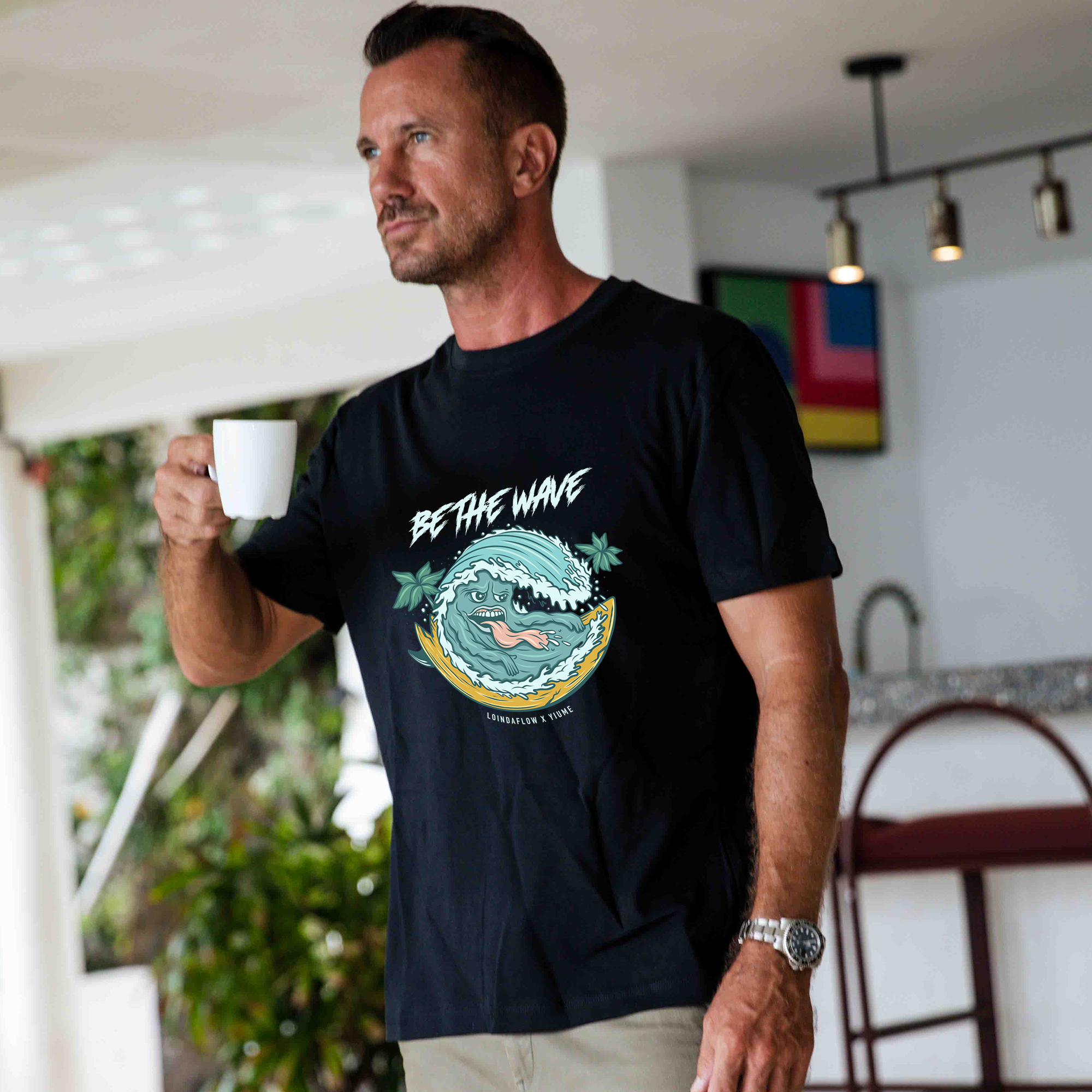 Hawaiian Tee For Men Be the Wave By Loindaflow Tee Crew Neck 100% Cotton - BLACK By Laihha Organna