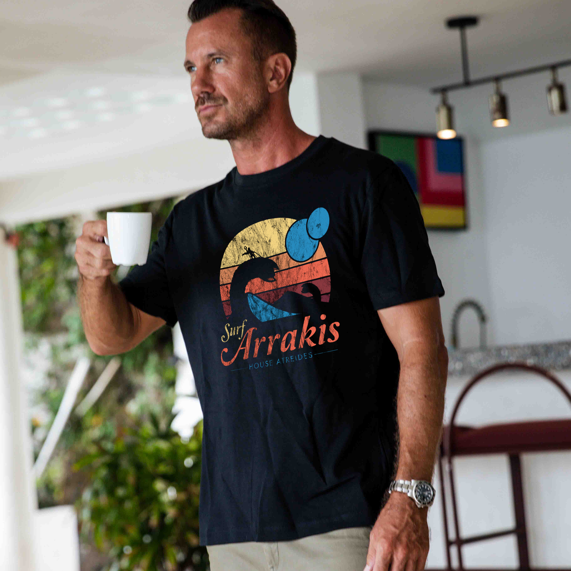 Hawaiian Tee For Men Vintage Distressed Surf Tee Crew Neck 100% Cotton - BLACK By Shawn