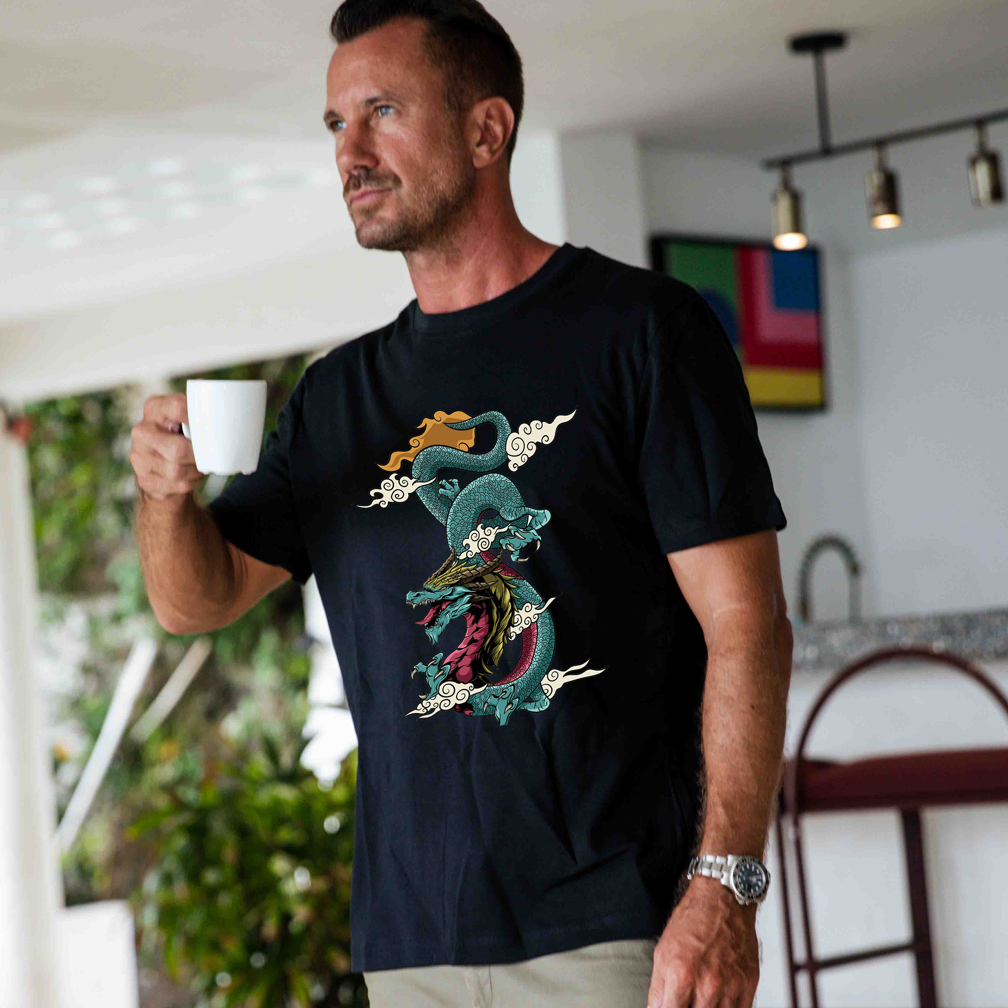 Hawaiian Tee For Men Dragon Soars Tee Crew Neck 100% Cotton - BLACK By Shawn
