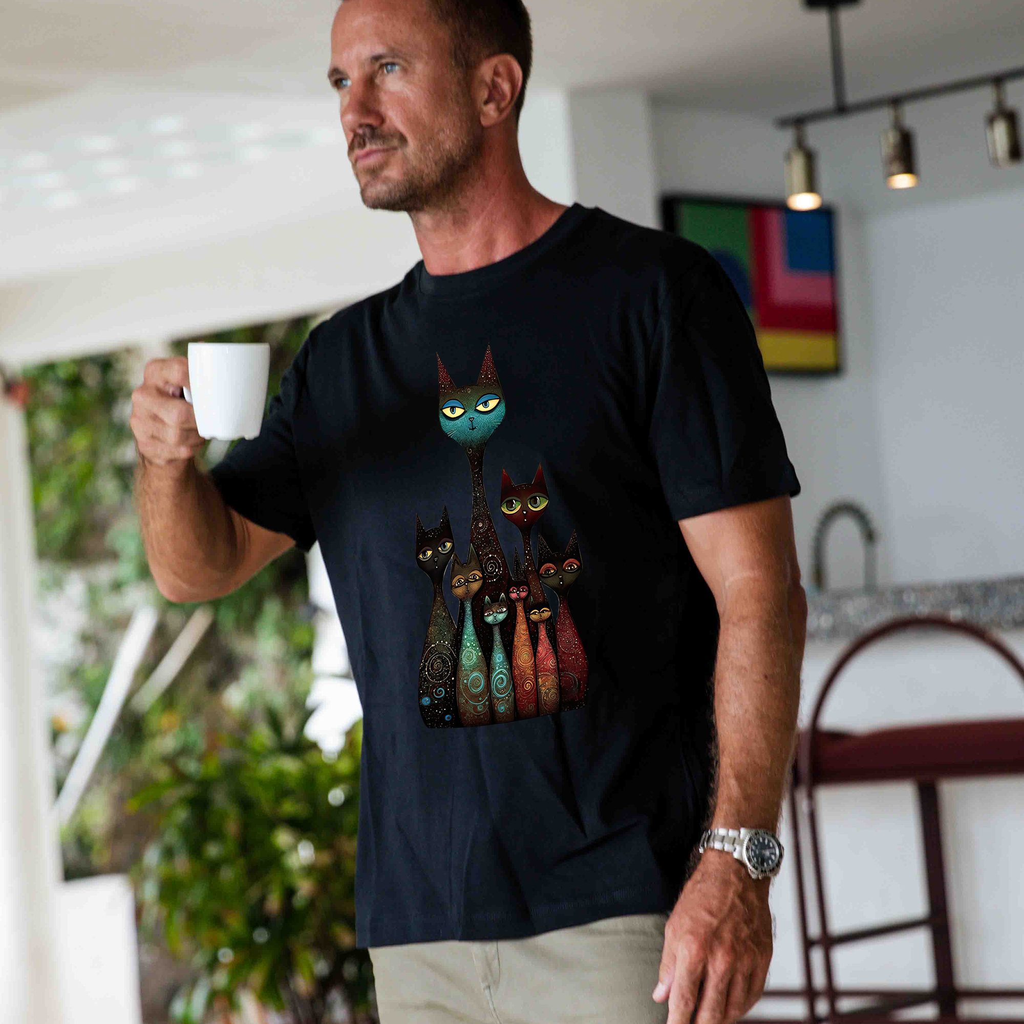 Hawaiian Tee For Men Happy Cats Tee Crew Neck 100% Cotton - BLACK By Shawn