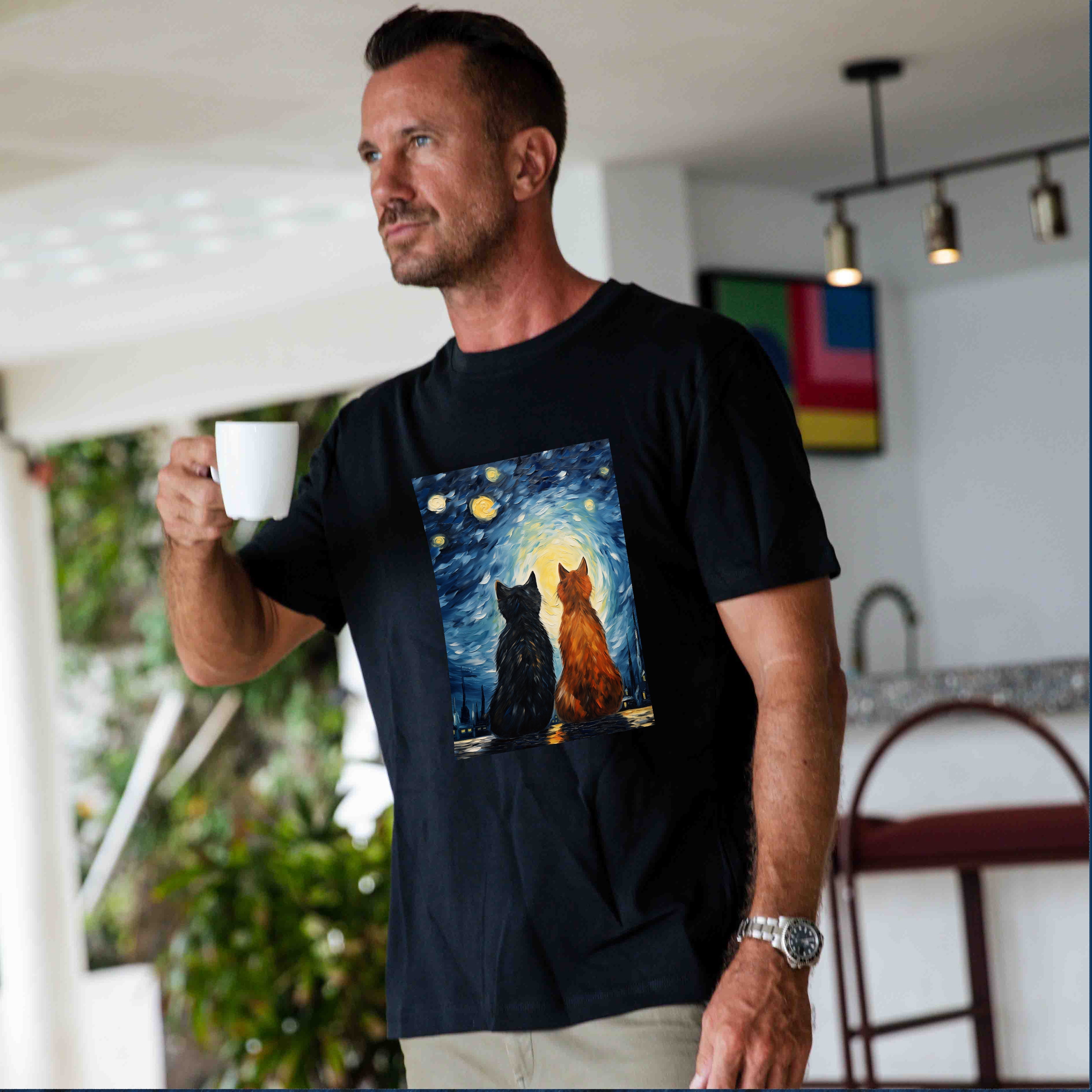 Hawaiian Tee For Men Cats In Love Van Gogh Tee Crew Neck 100% Cotton - BLACK By Shawn
