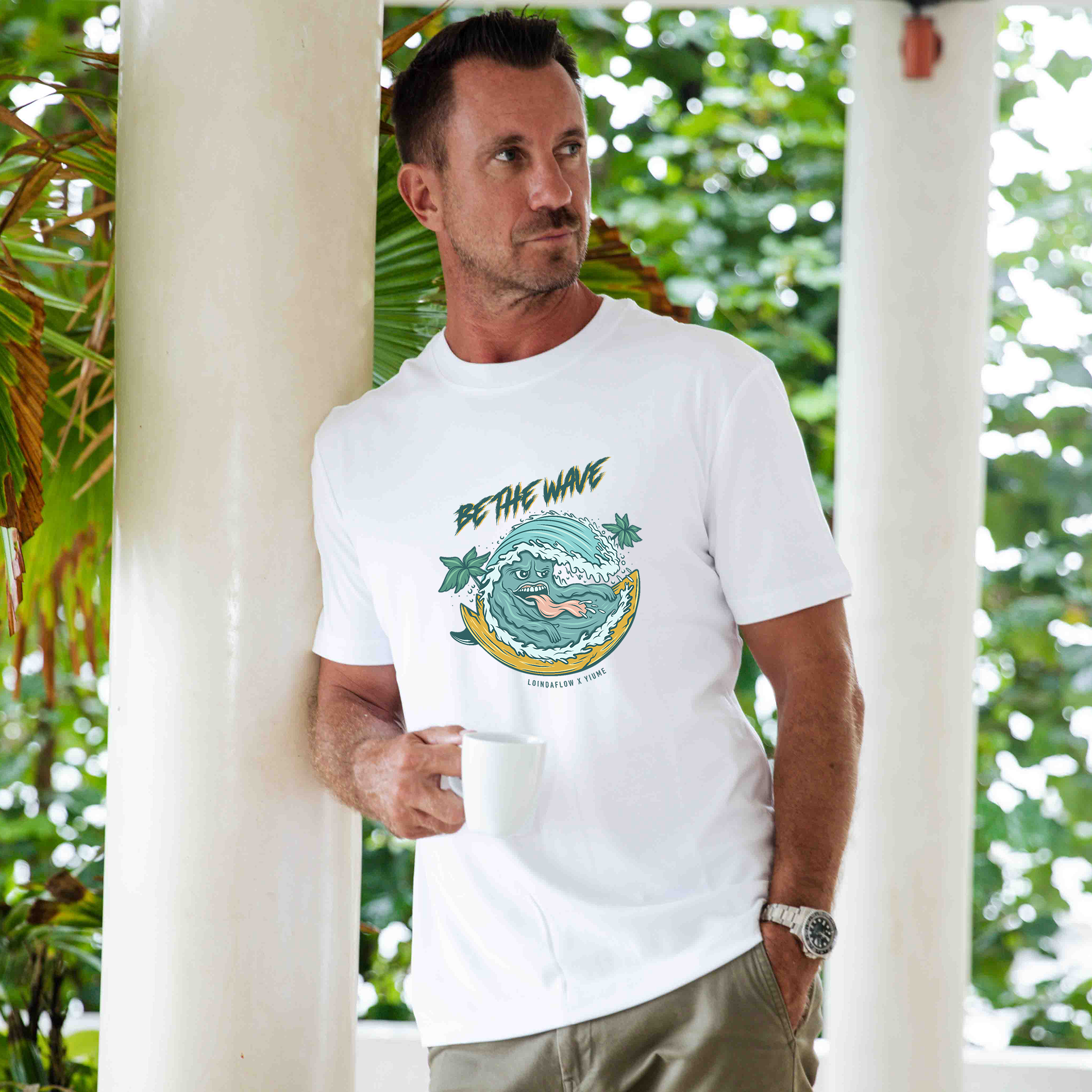 Hawaiian Tee For Men Be the Wave By Loindaflow Tee Crew Neck 100% Cotton - WHITE By Laihha Organna