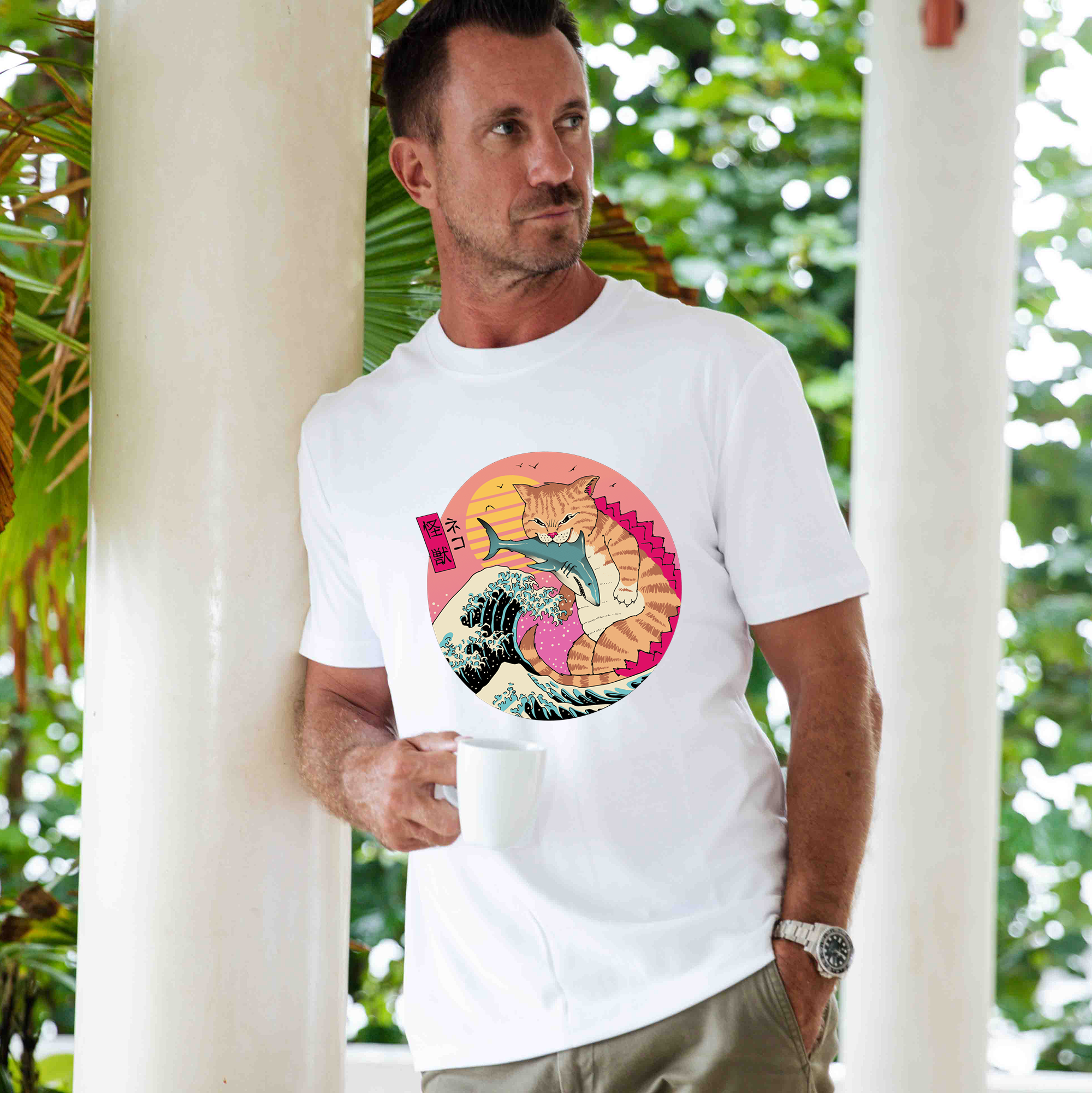 Hawaiian Tee For Men Super CatZilla Tee Crew Neck 100% Cotton - WHITE By Shawn