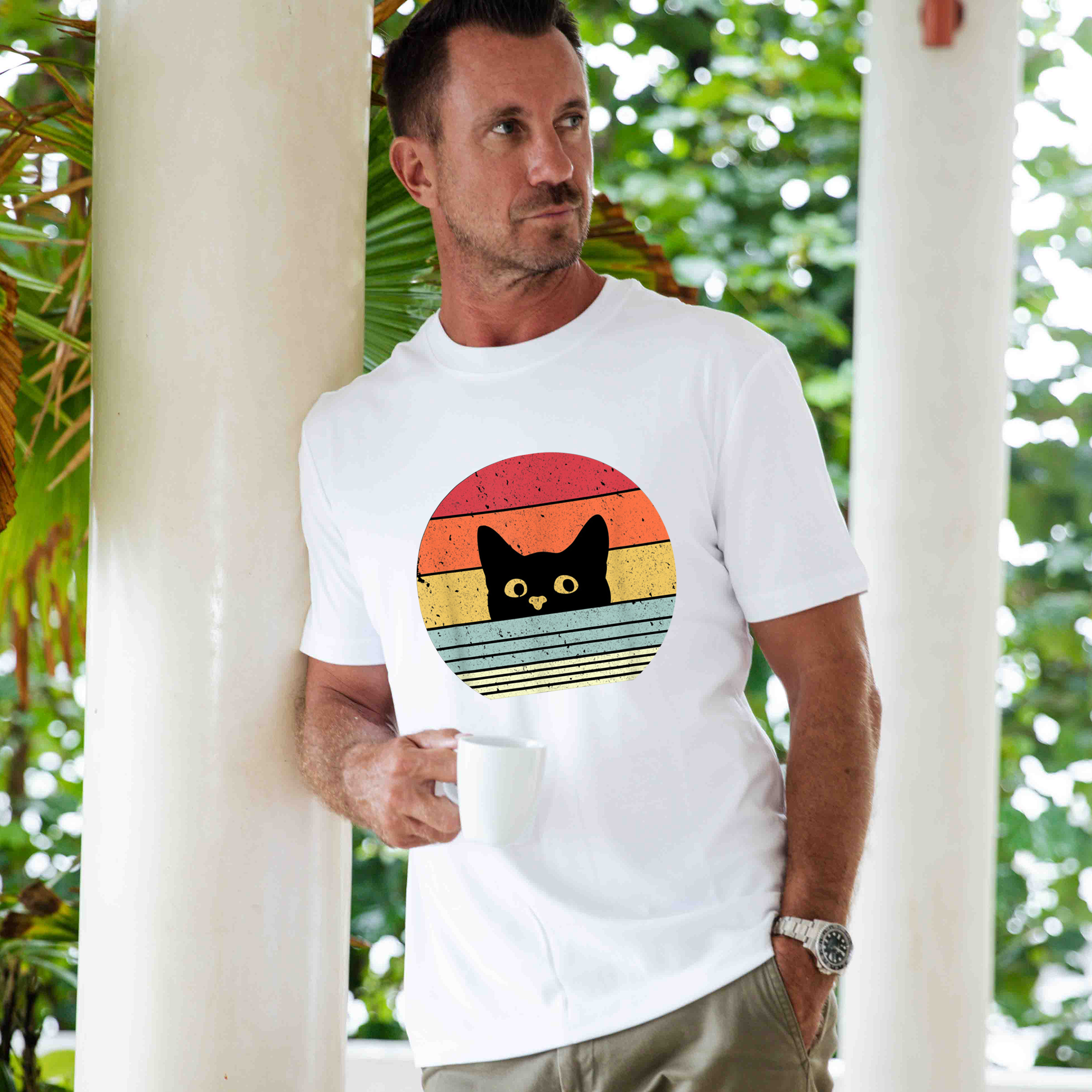 Hawaiian Tee For Men Retro Cute Cat Tee Crew Neck 100% Cotton - WHITE By Shawn