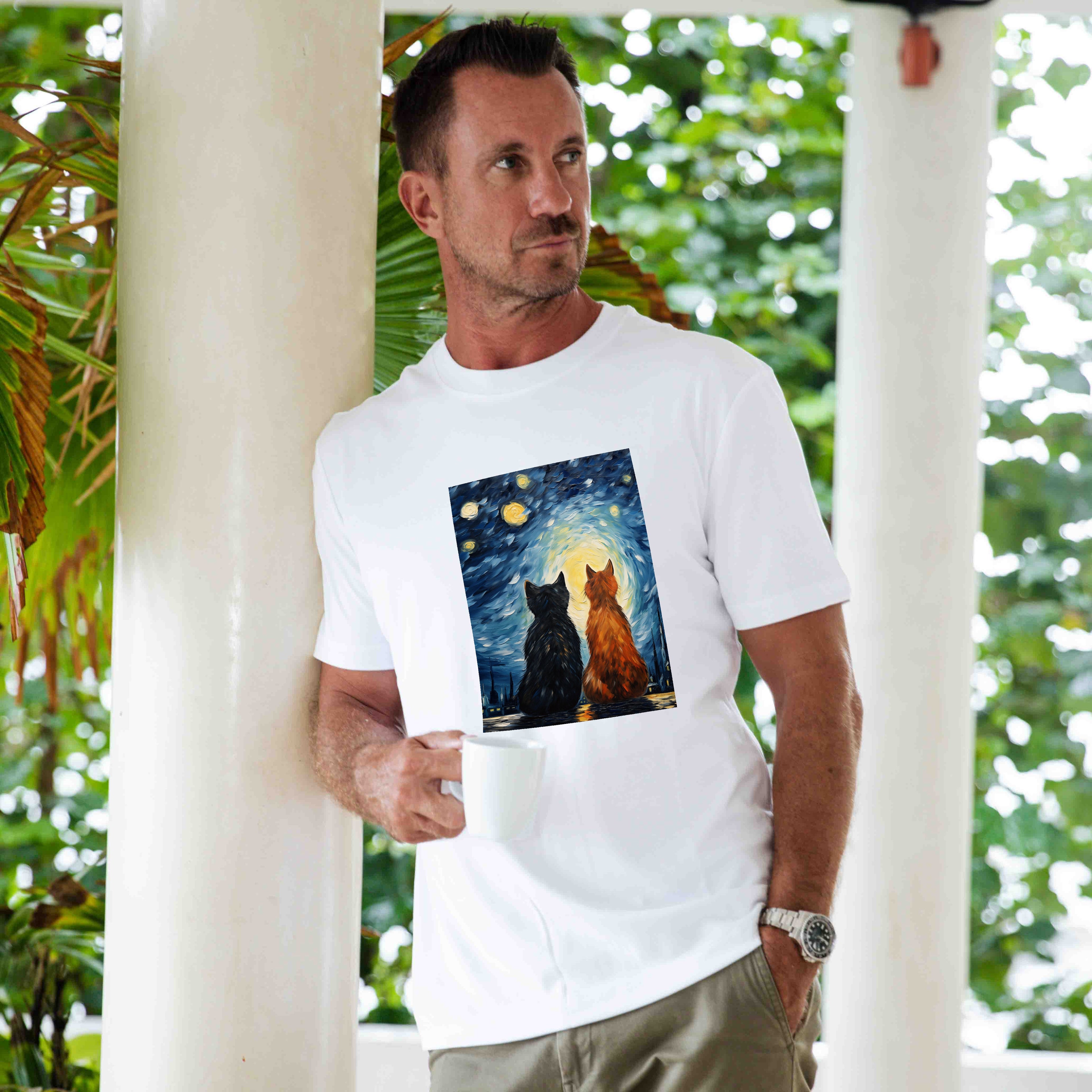 Hawaiian Tee For Men Cats In Love Van Gogh Tee Crew Neck 100% Cotton - WHITE By Shawn