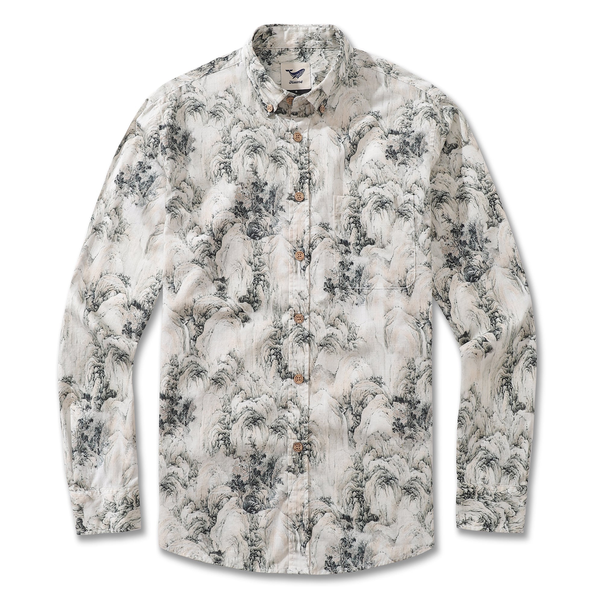 Men's Hawaiian Shirt Enchanting Mountain Landscape Cotton Button-down Long Sleeve Aloha Shirt By Amy