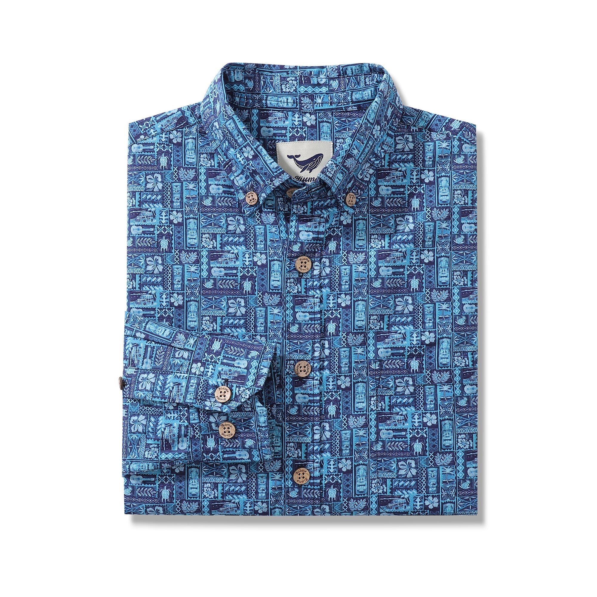 Men's Hawaiian Shirt TIKI Paradise Cotton Button-down Long Sleeve Aloha Shirt By Amy