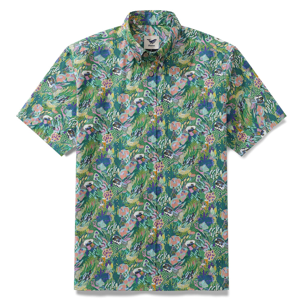 Men's Green Hawaiian Shirt Songe Marin Pattern Cotton Button-down Short Sleeve Aloha Shirt By Lucille Pattern