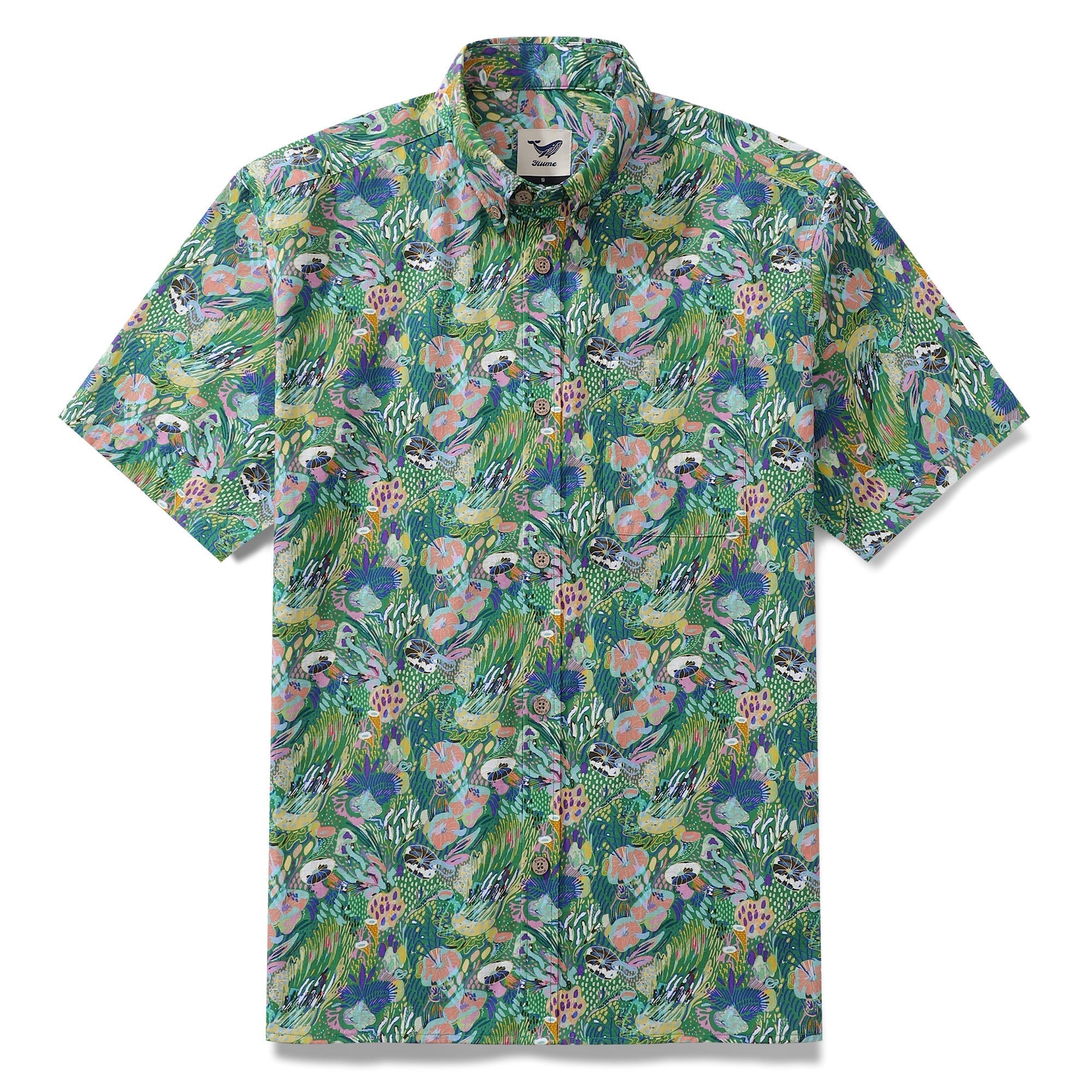 Men's Green Hawaiian Shirt Songe Marin Pattern Cotton Button-down Short Sleeve Aloha Shirt By Lucille Pattern