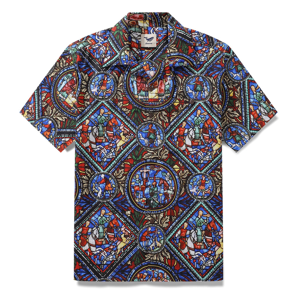 Hawaiian Shirt For Men Stained Glass Window Print Shirt Camp Collar 100% Cotton Shirt By Sherry