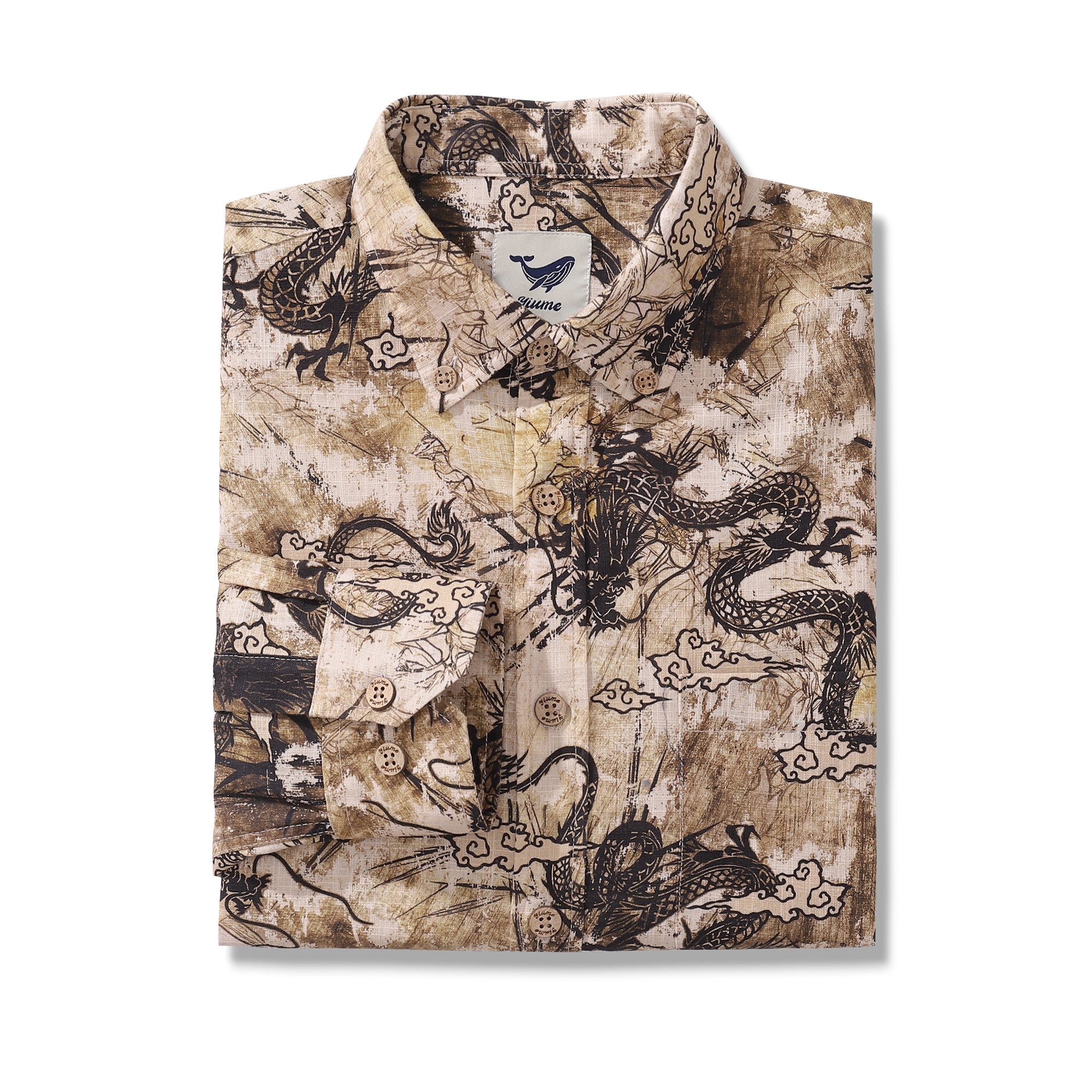 Long Sleeve Hawaiian Shirt For Men Dragon Totem Pattern Cotton Button-down Aloha Shirt By Sun