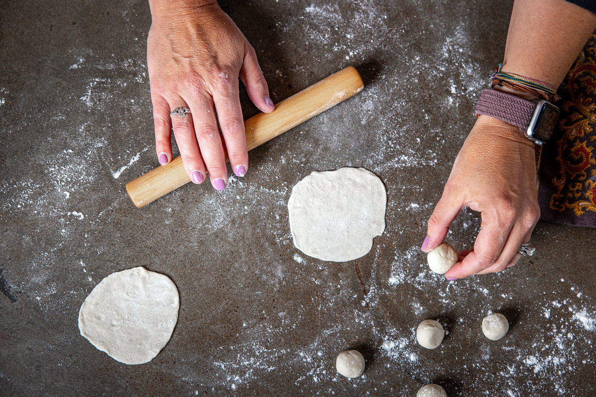 Earlywood wooden dumpling pin mini rolling pin in maple with dough
