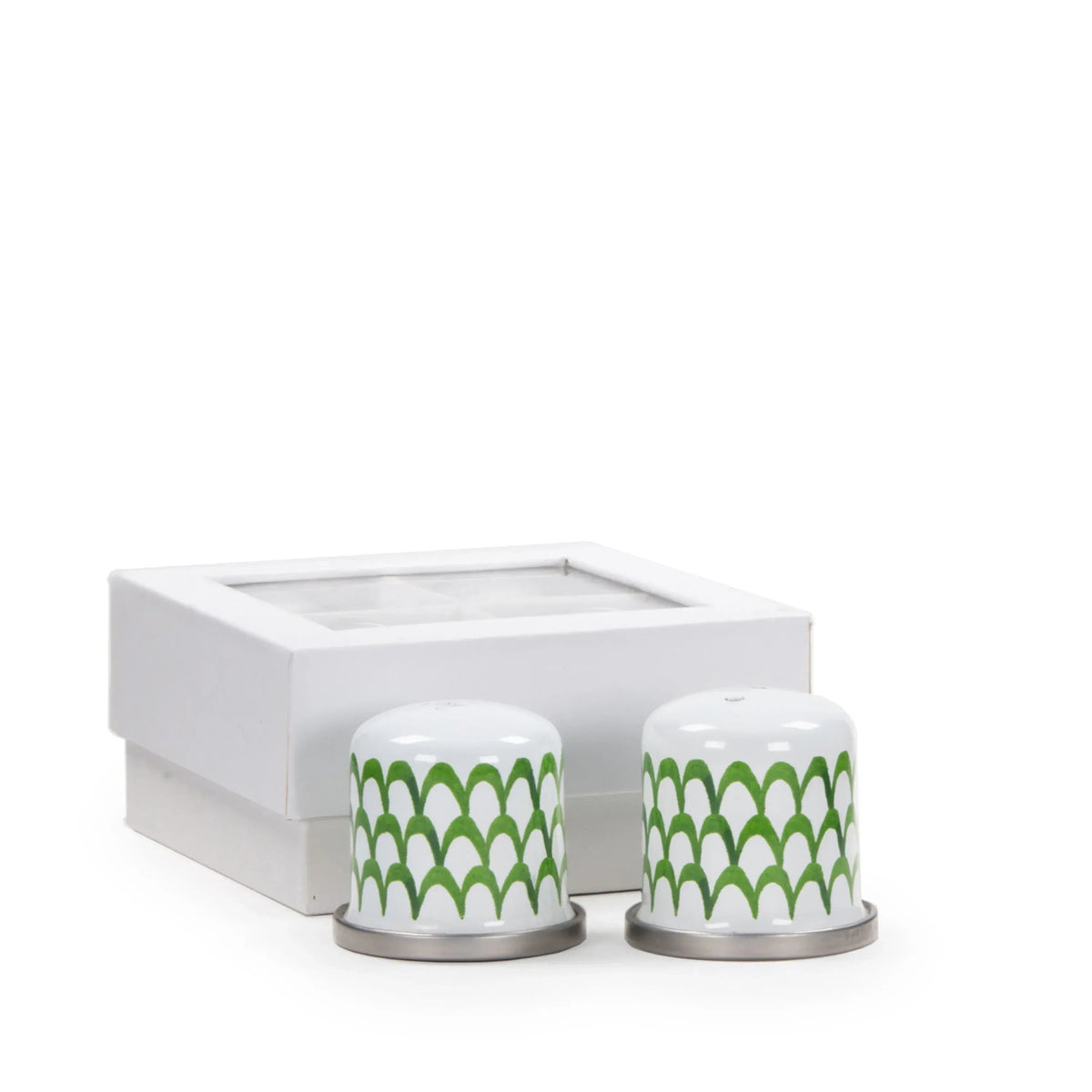 Golden Rabbit green scallop enamelware salt and pepper shaker set
