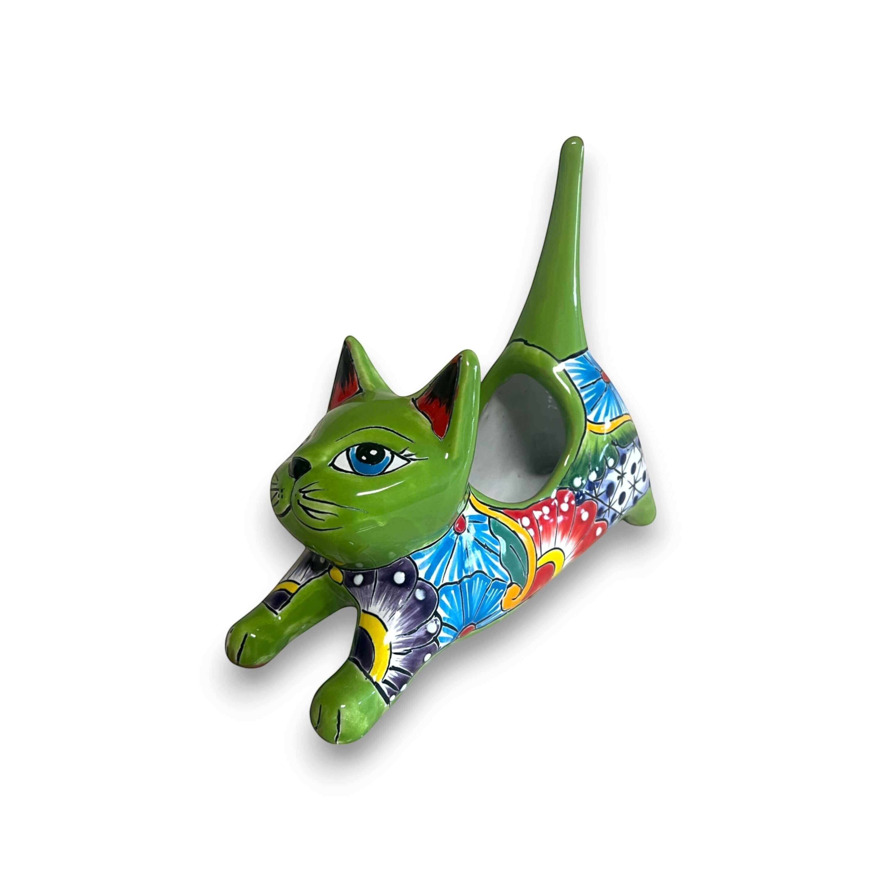 Talavera Cat Planter | Colorful Handmade Stretching Animal Pot