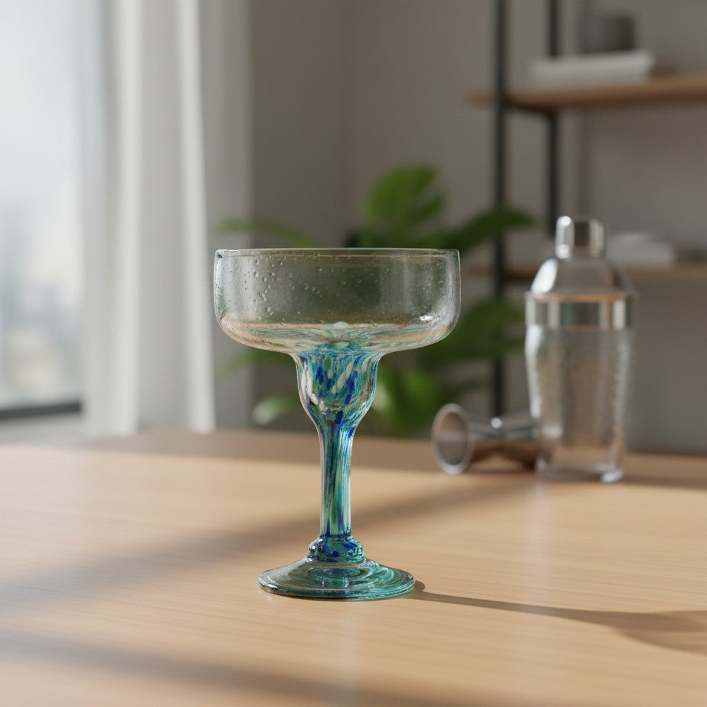 Hand-Blown Mexican Margarita Glass | Blue Green Confetti