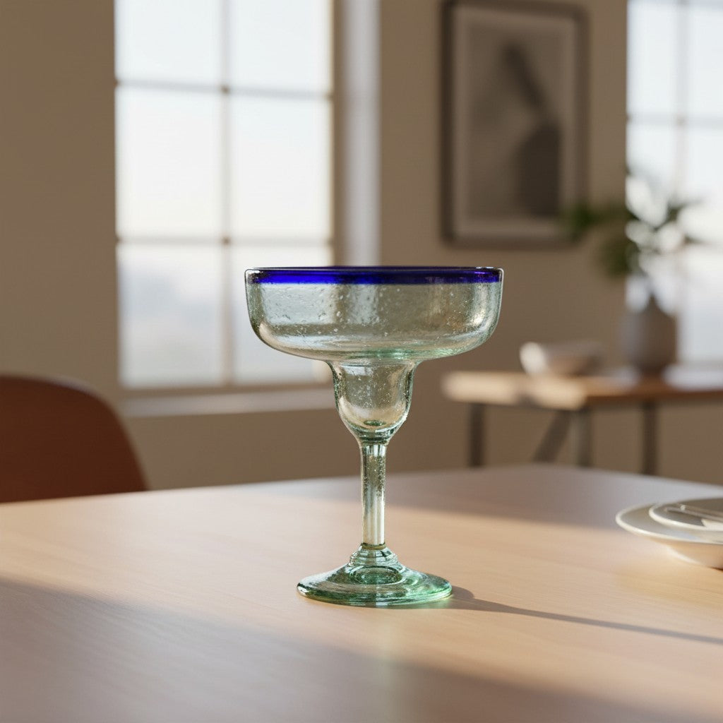 Hand-Blown Mexican Margarita Glass | Classic Cobalt Rim