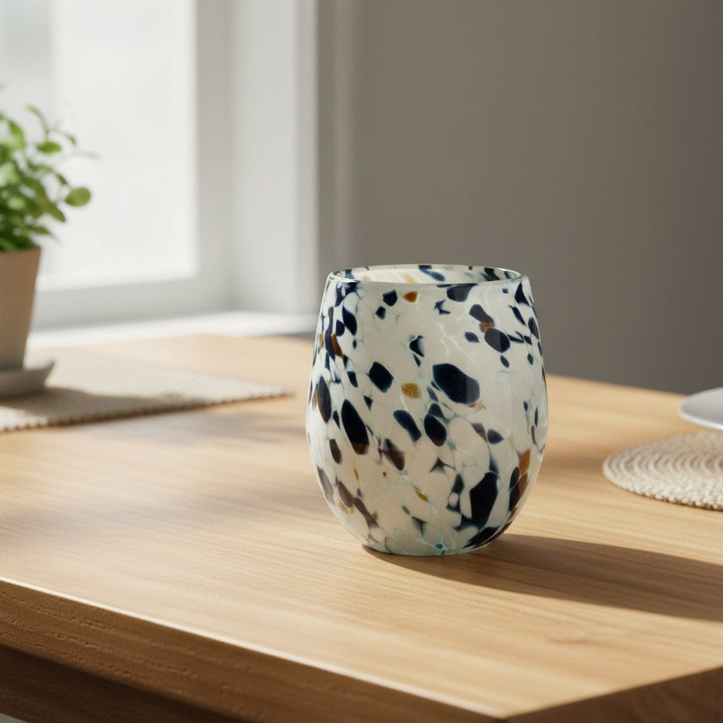 Hand-Blown Mexican Stemless Wine Glass | Blue Mocha Speckle Design