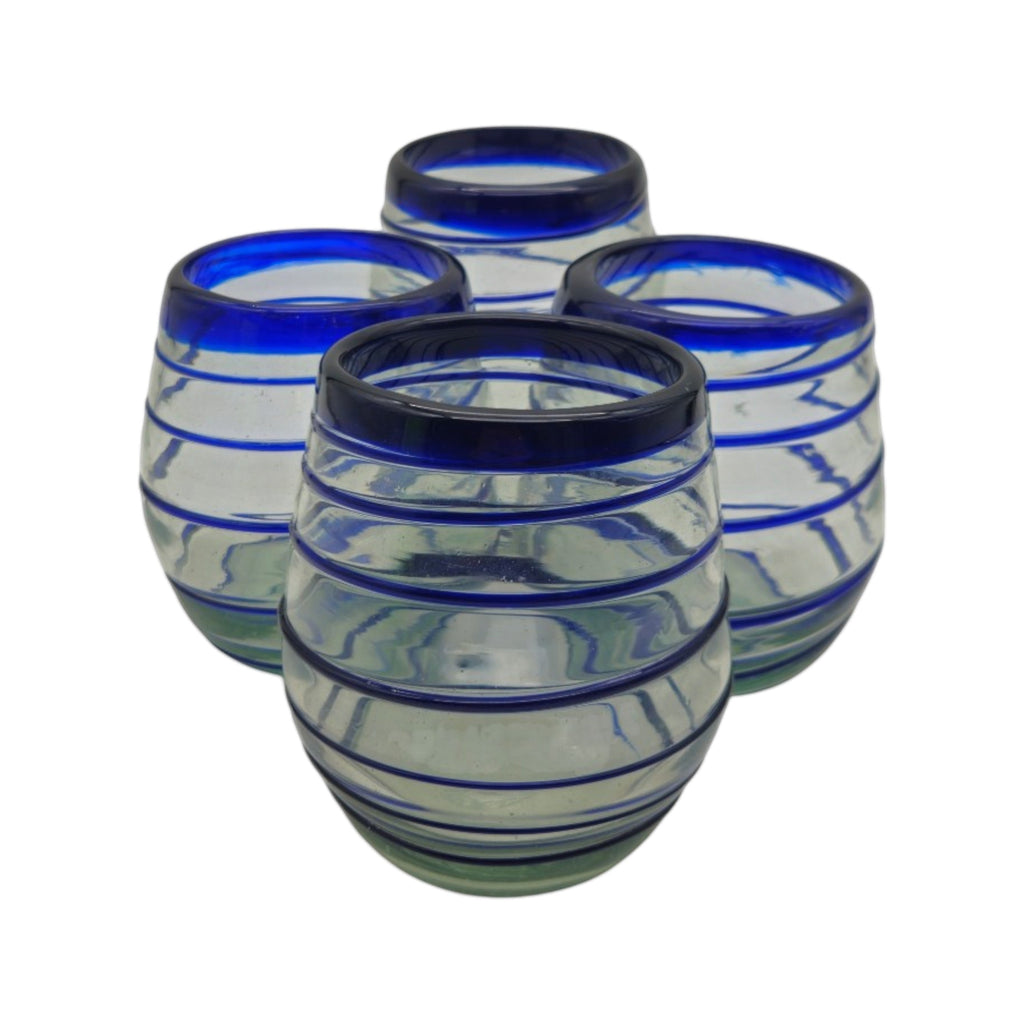 Hand-Blown Mexican Stemless Wine Glass | Cobalt Blue Spiral Design