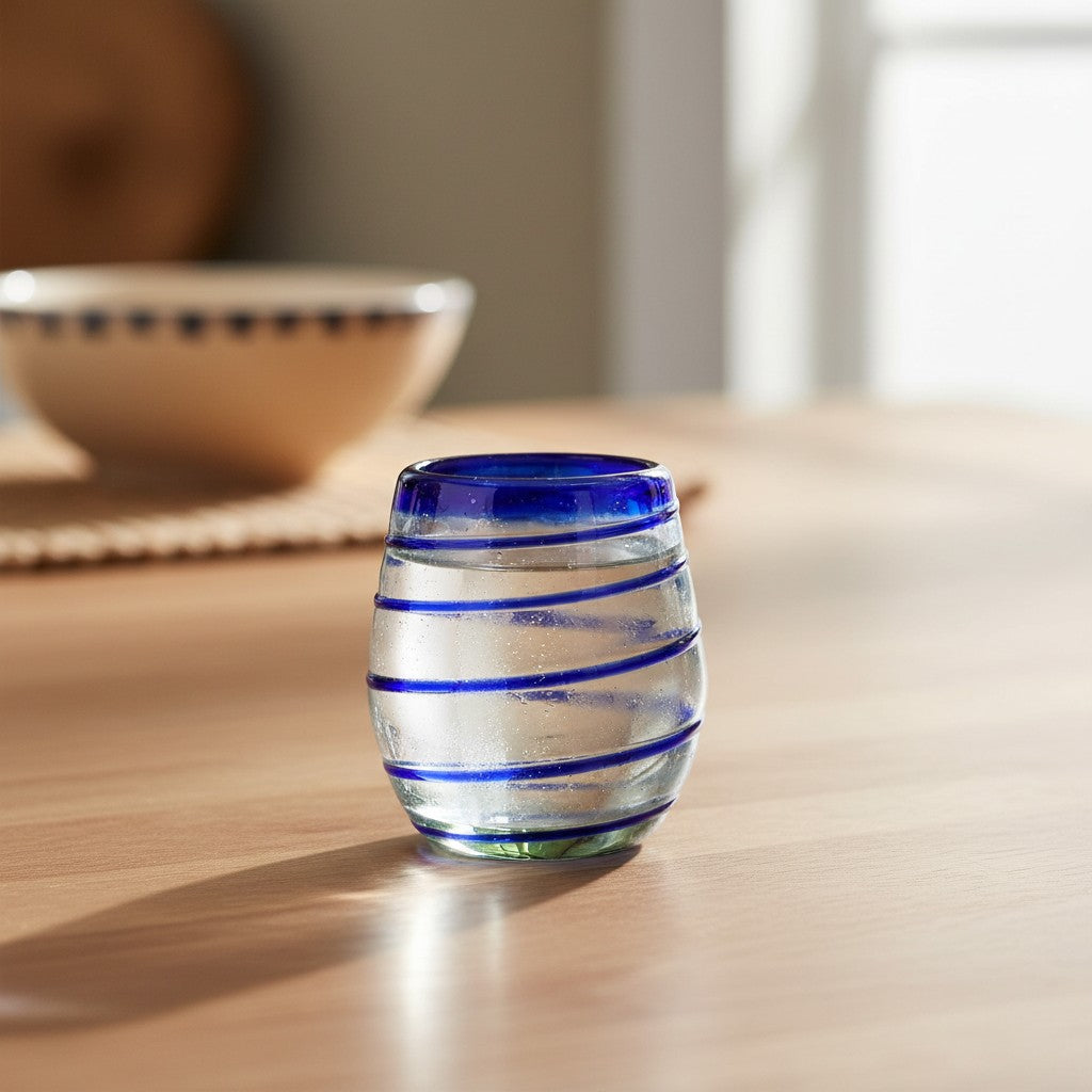 Hand-Blown Mexican Stemless Wine Glass | Cobalt Blue Spiral Design