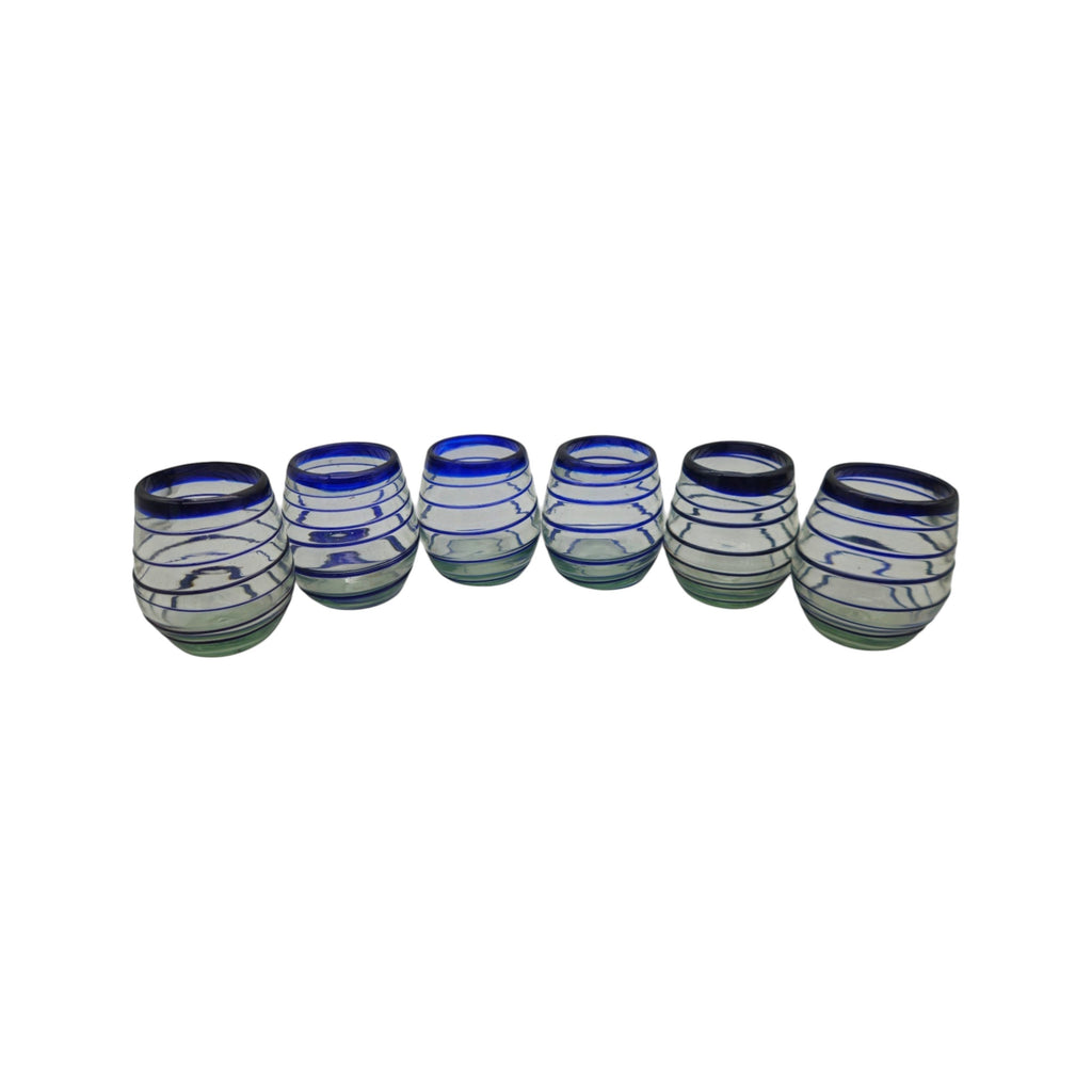 Hand-Blown Mexican Stemless Wine Glass | Cobalt Blue Spiral Design