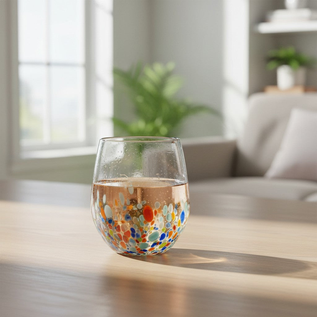 Hand-Blown Mexican Stemless Wine Glass | Confetti & Clear Design