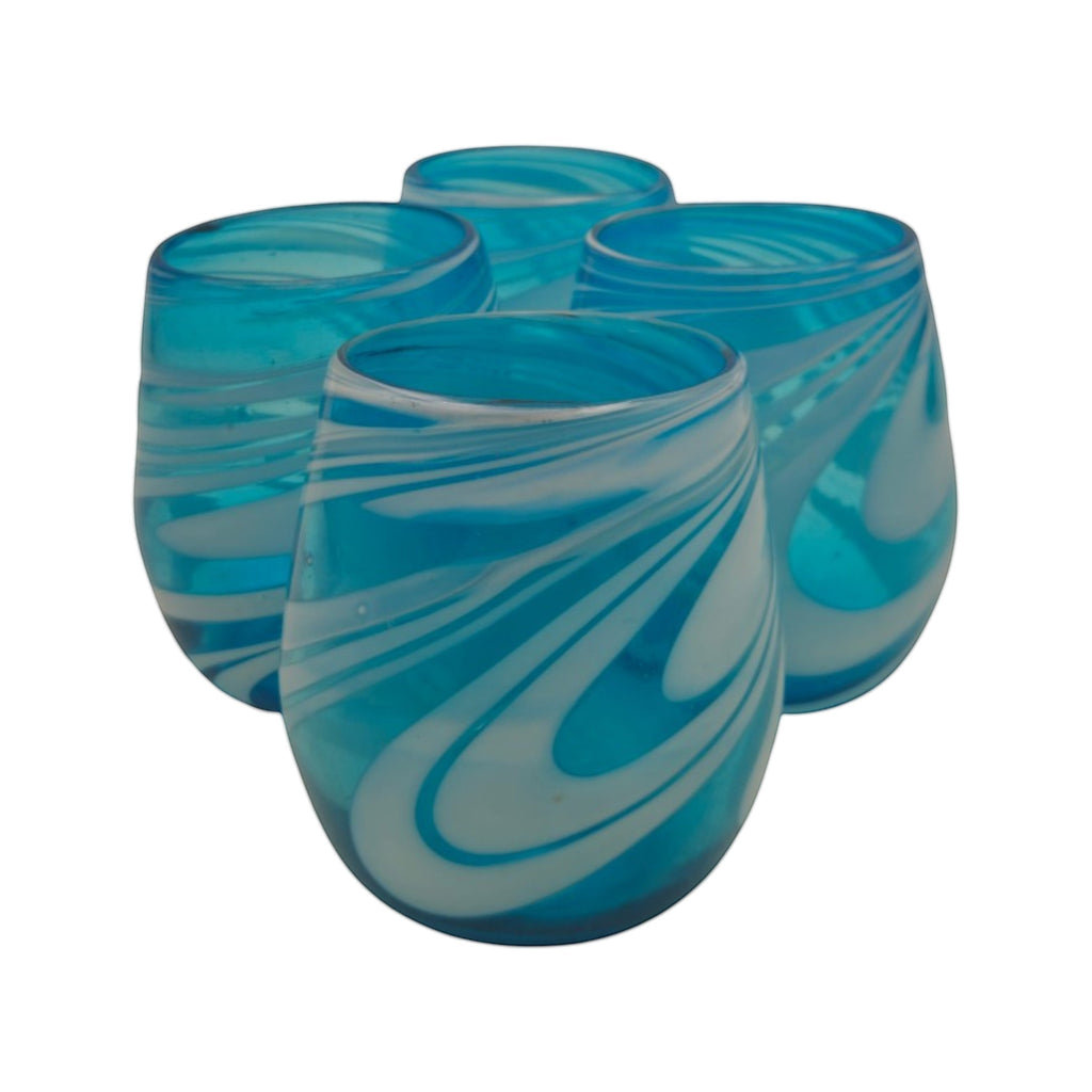 Hand-Blown Mexican Stemless Wine Glass | Teal White Swirl Design