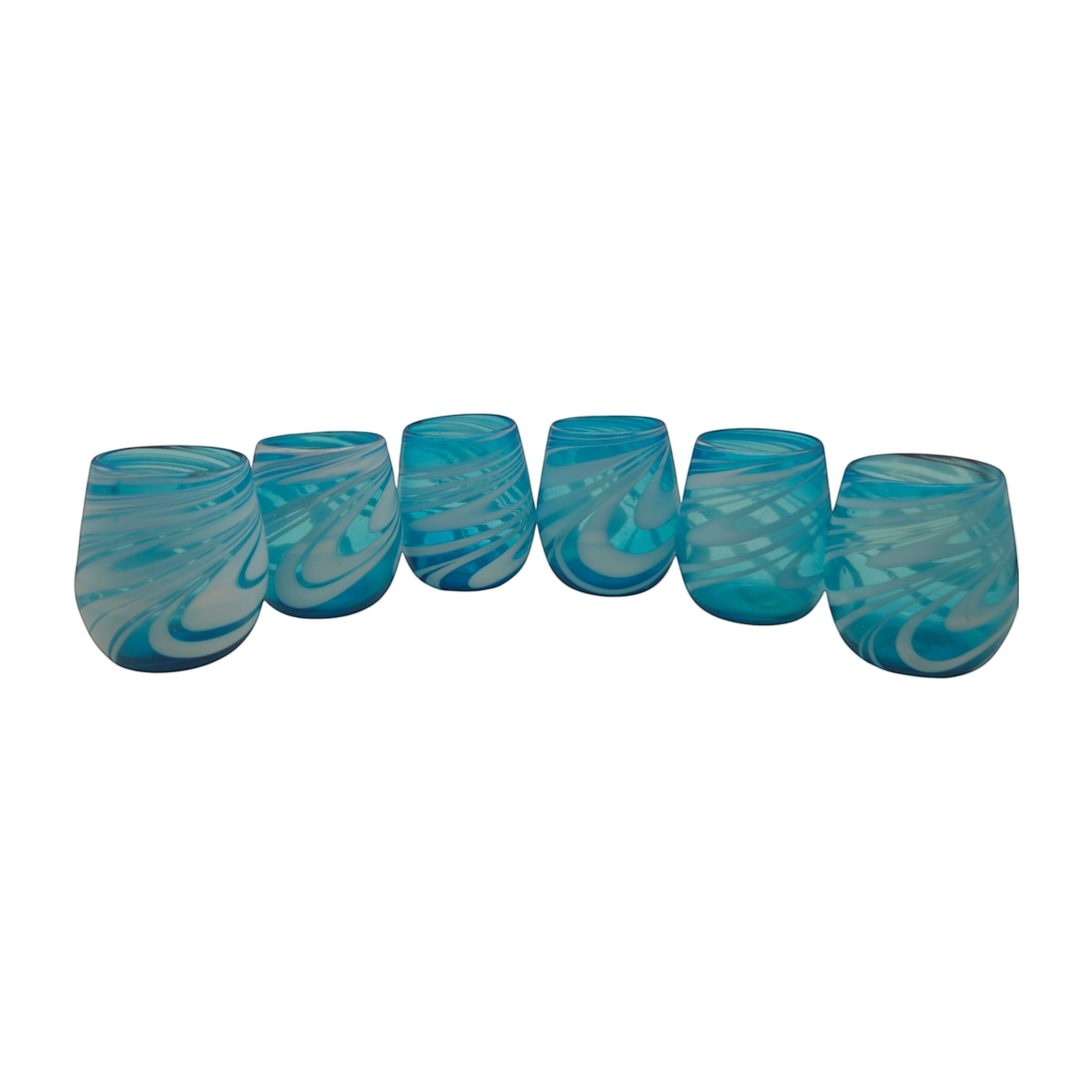 Hand-Blown Mexican Stemless Wine Glass | Teal White Swirl Design