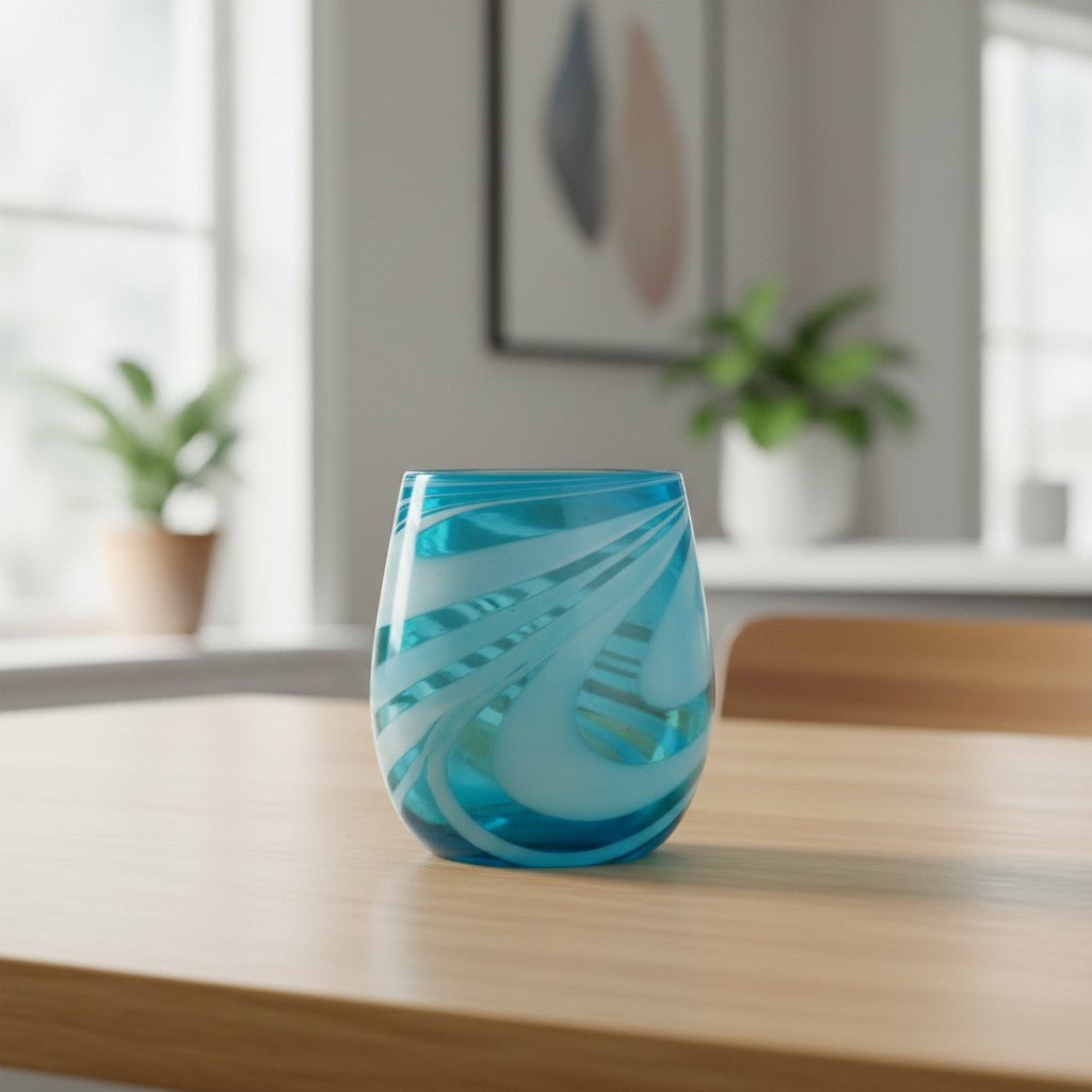 Hand-Blown Mexican Stemless Wine Glass | Teal White Swirl Design