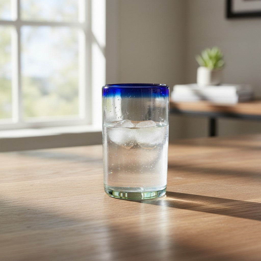 Hand-Blown Mexican Tumbler Glass | Cobalt Blue Rim Design
