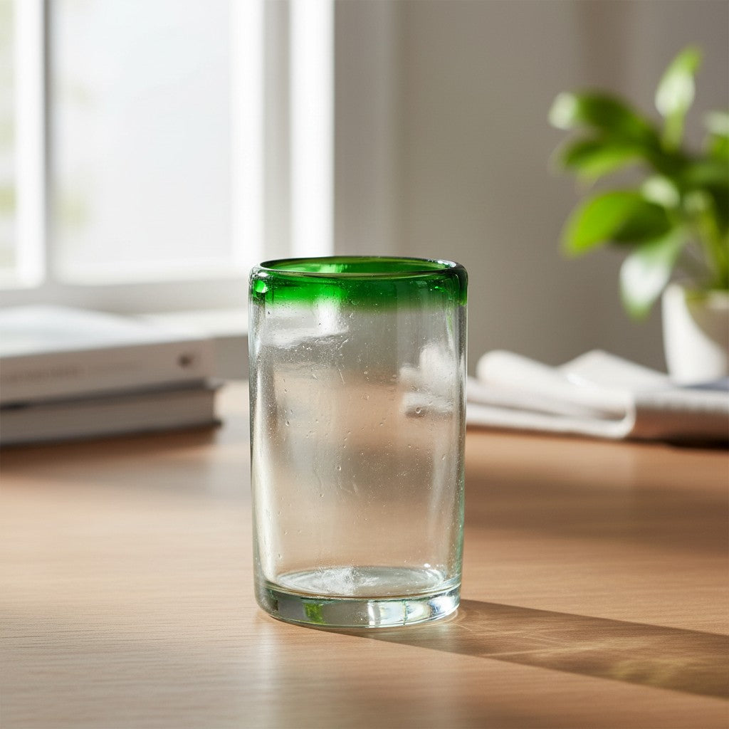 Hand-Blown Mexican Tumbler Glass | Emerald Green Rim