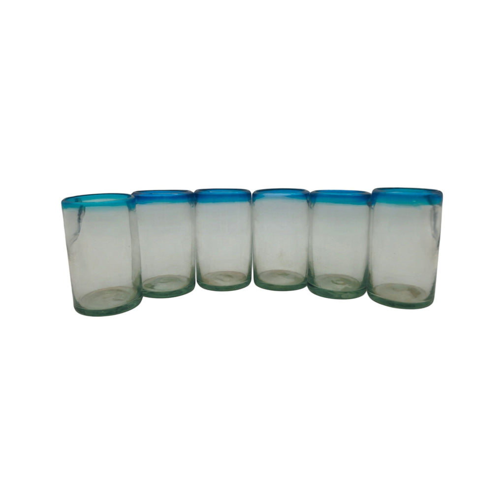 Hand-Blown Mexican Tumbler Glass | Teal Rim Design