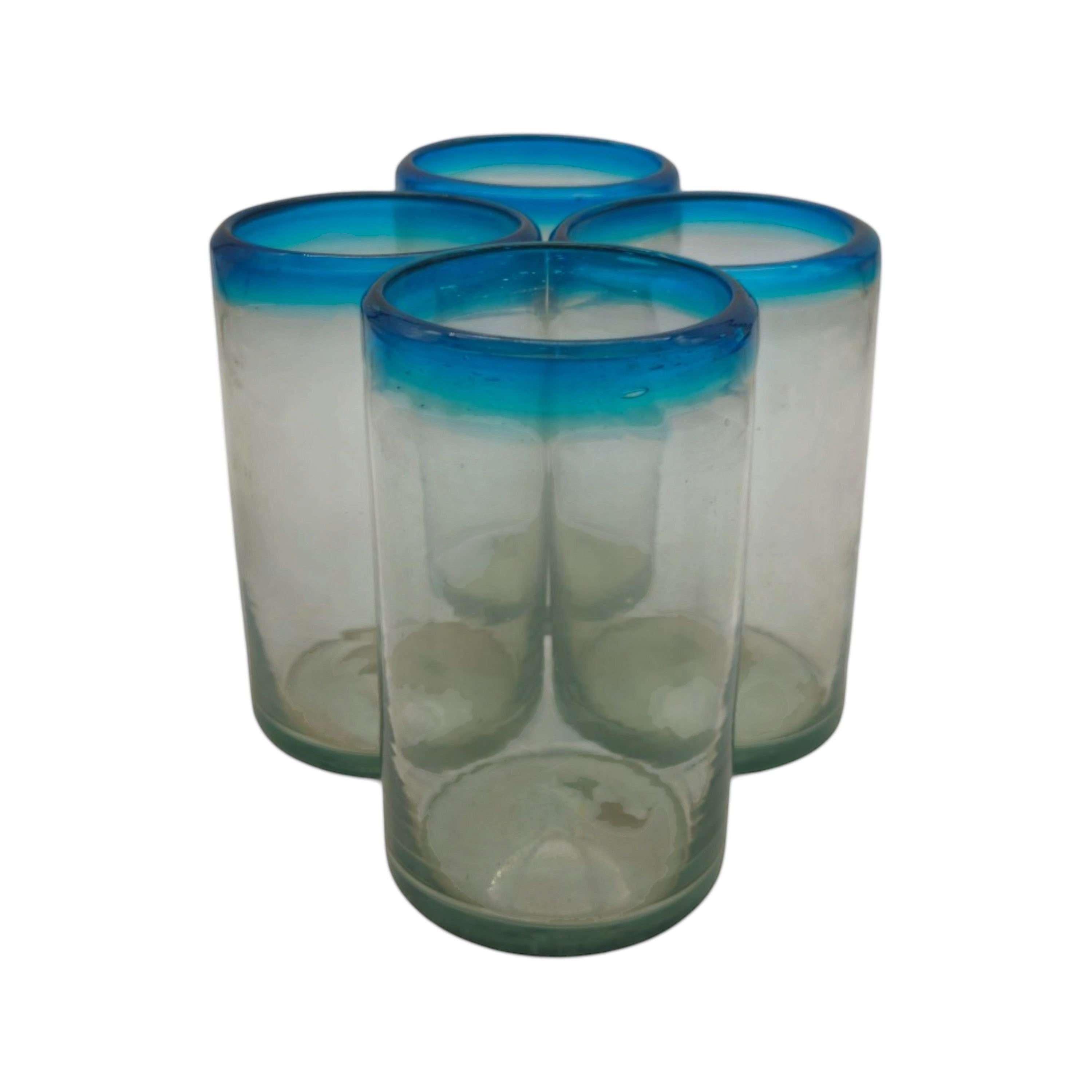 Hand-Blown Mexican Tumbler Glass | Teal Rim Design
