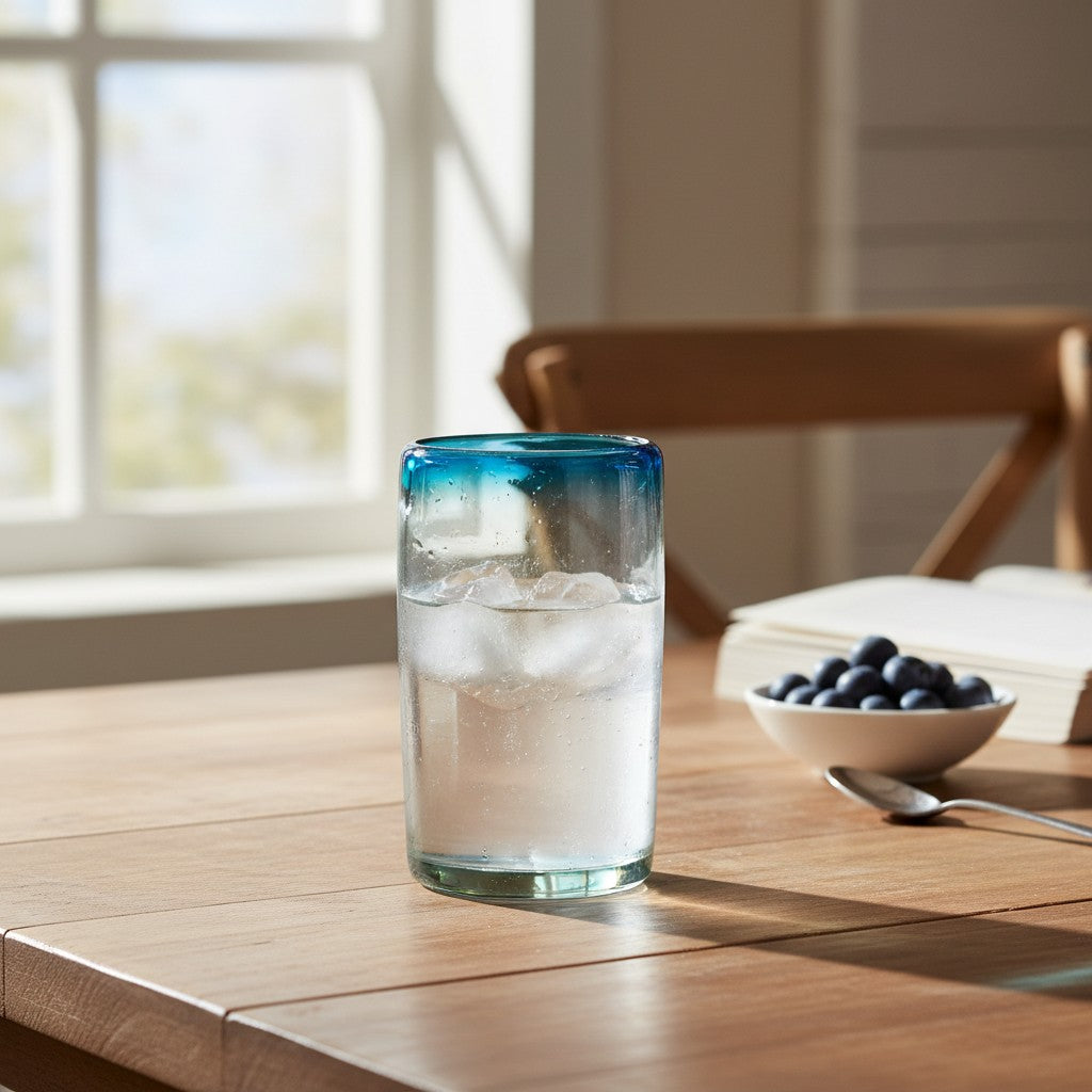 Hand-Blown Mexican Tumbler Glass | Teal Rim Design