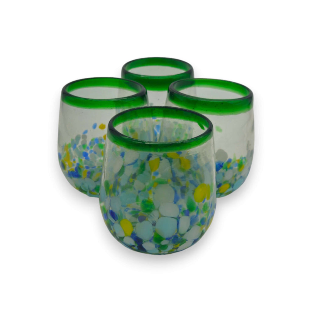 Hand-Blown Stemless Wine Glass | Mexican Confetti with Green Rim