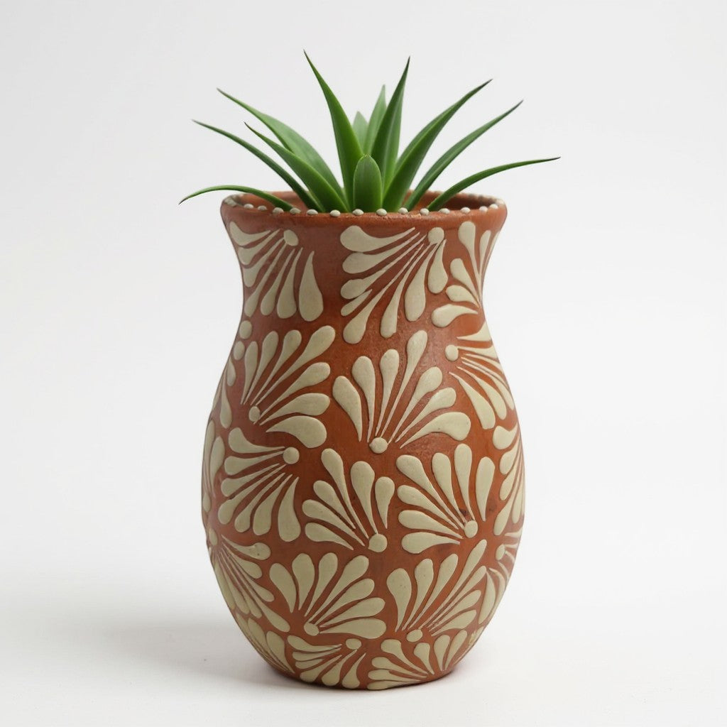 Brown & White Talavera Relief Vase | Hand-Painted Pottery