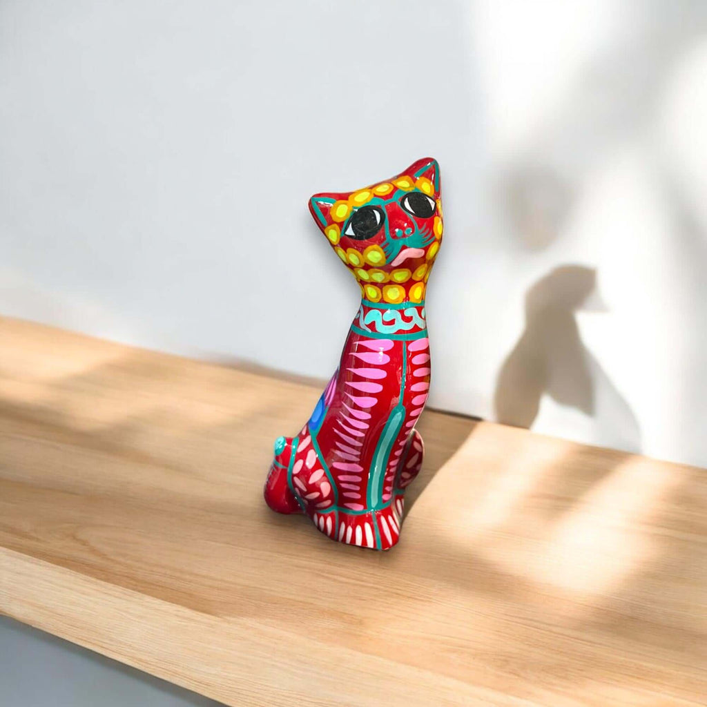 Hand-Painted Guerrero Cat Statue | Colorful Mexican Ceramic Figure