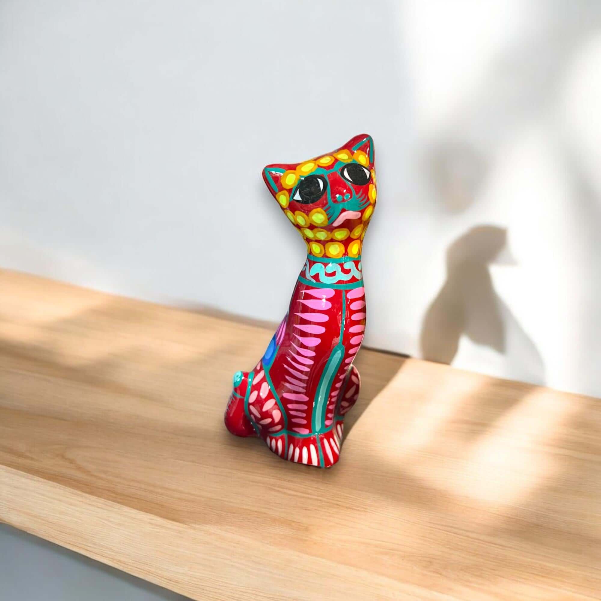Hand-Painted Guerrero Cat Statue | Colorful Mexican Ceramic Figure