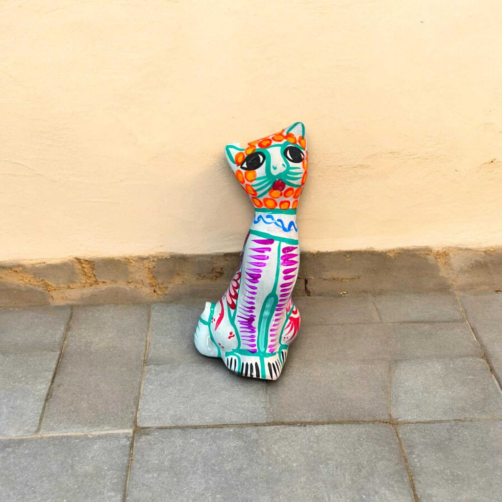 Hand-Painted Guerrero Cat Statue | Colorful Mexican Ceramic Figure