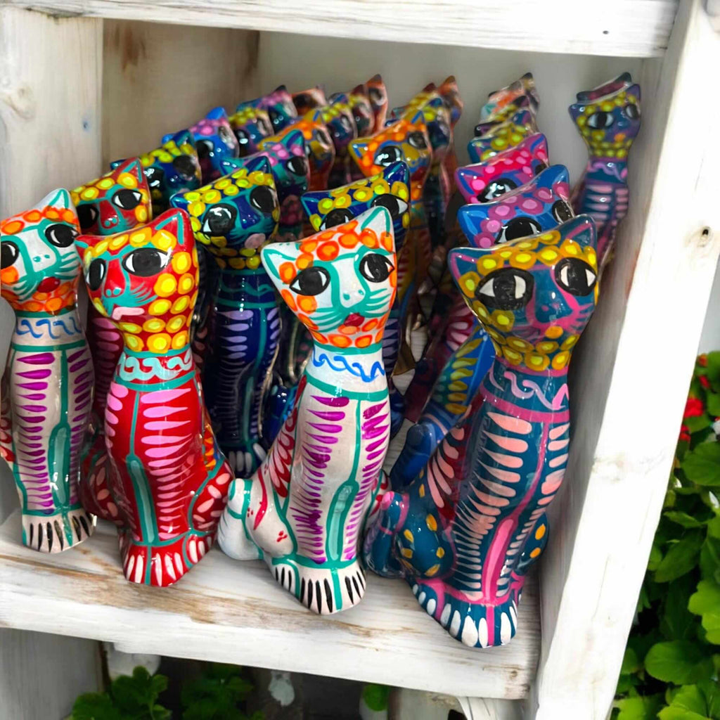 Hand-Painted Guerrero Cat Statue | Colorful Mexican Ceramic Figure