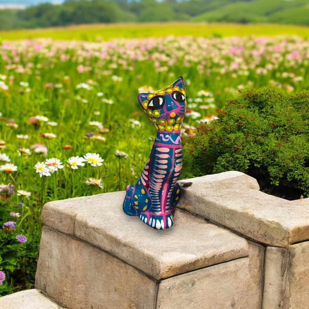 Hand-Painted Guerrero Cat Statue | Colorful Mexican Ceramic Figure