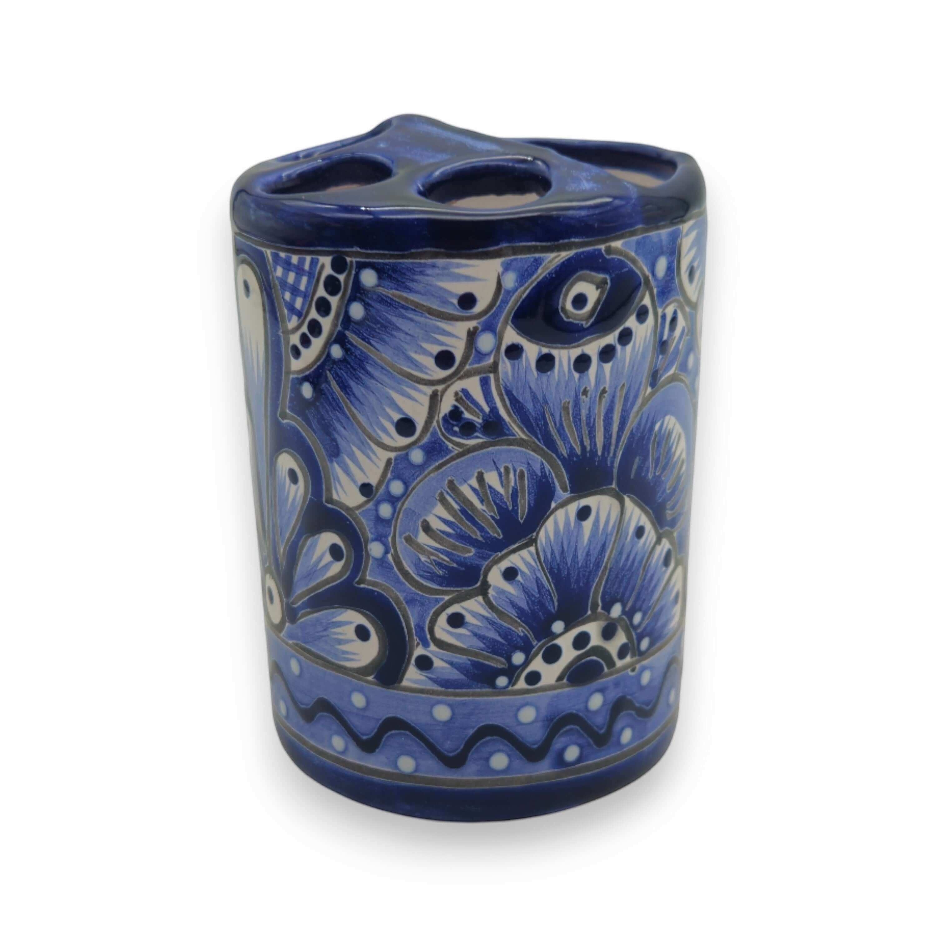 Hand-Painted Talavera Toothbrush Holder | Blue & White Ceramic