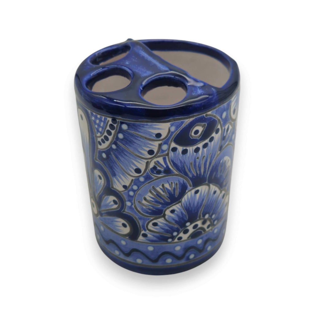 Hand-Painted Talavera Toothbrush Holder | Blue & White Ceramic