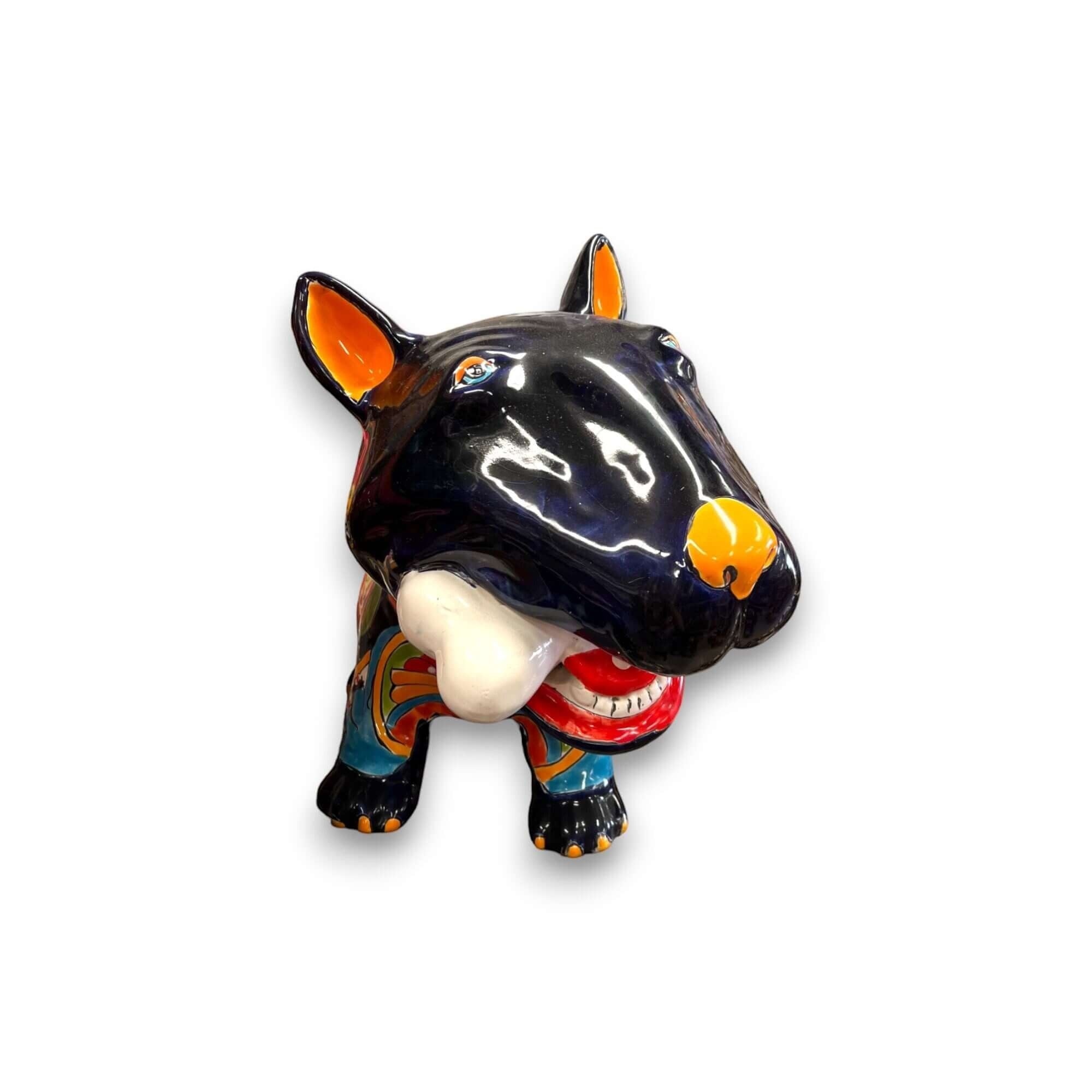 Talavera Bull Terrier Decor | Hand-painted Ceramic Dog with Bone